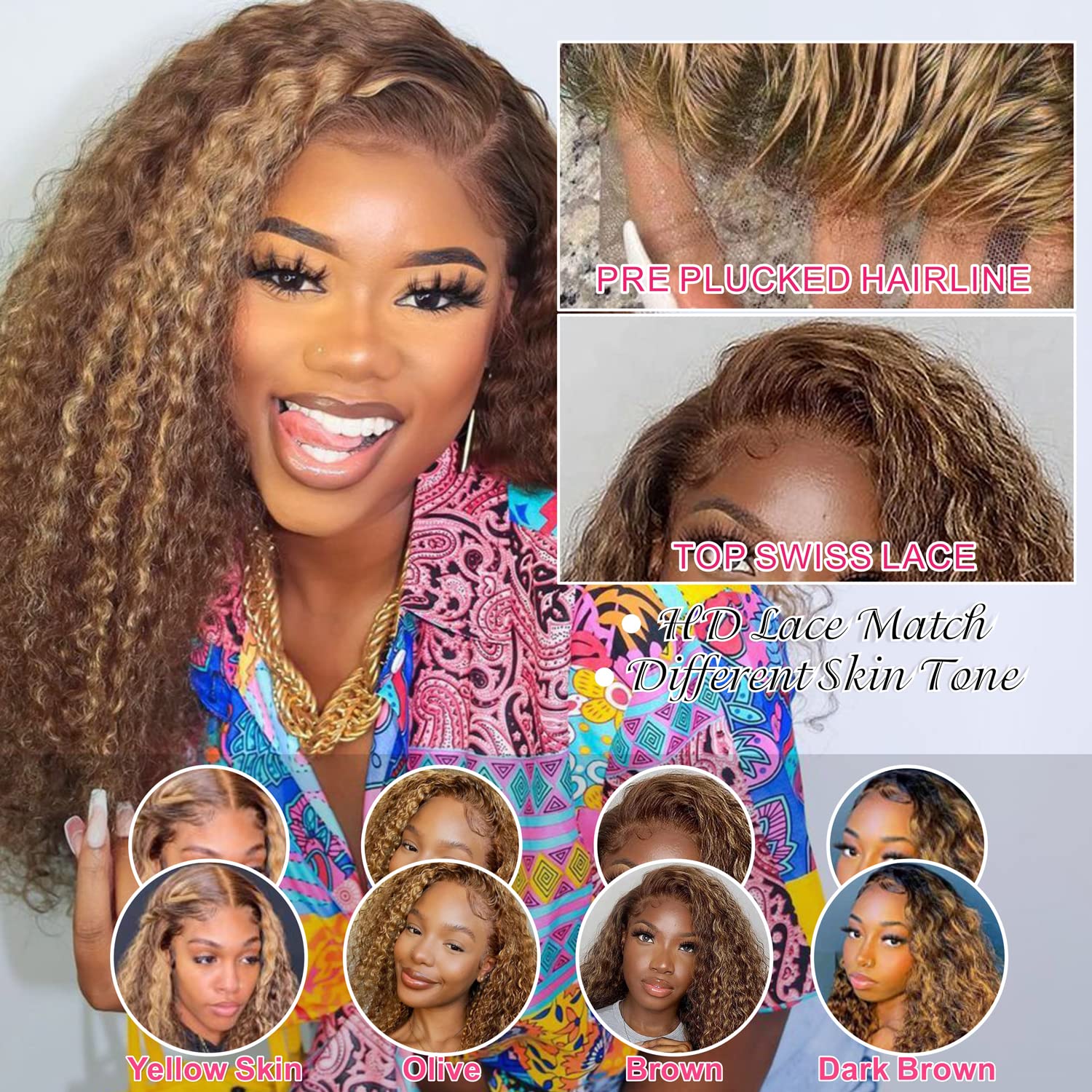 Juvid Highlight Ombre 13X6 Lace Front Wigs Human Hair 180 Density Curly Honey Blonde 4/27 Hd Transparent Frontal Wig For Women D