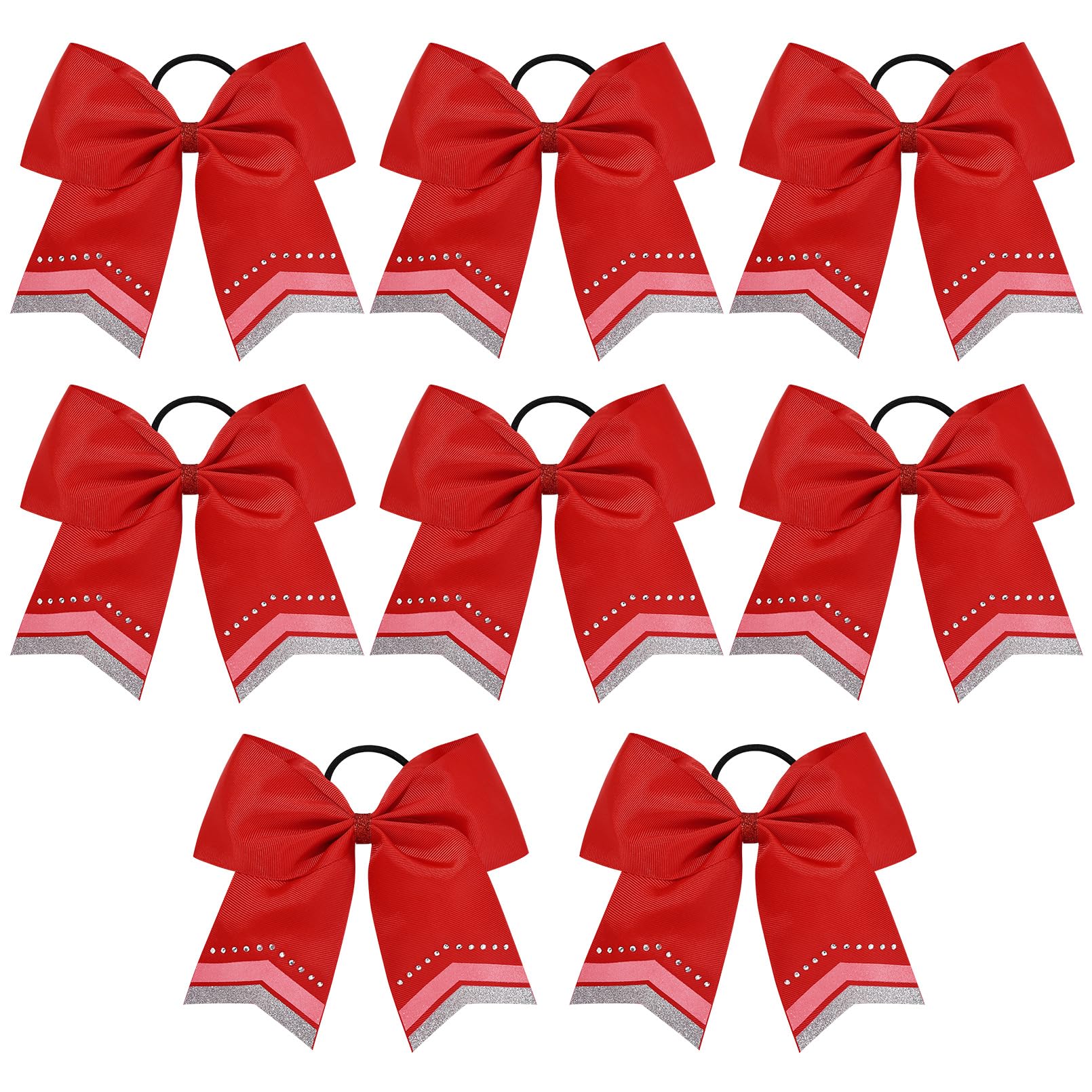 Large Glitter Hair Bows Set of 8 - 8'' Red Rhinestone Sequin Bows for Girls, Teen Cheerleaders, Softball, and Sports