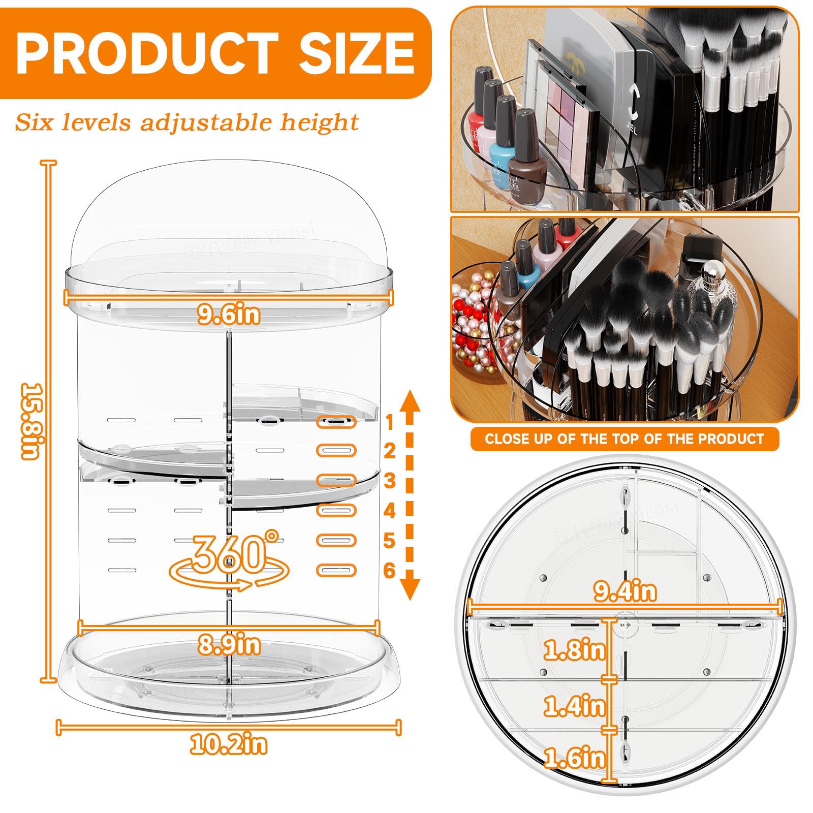 Clear 360 Rotating Makeup Organizer For Vanity - 6 Tier Adjustable Spinning Bathroom Counter Cosmetic Display Cases And Makeup H
