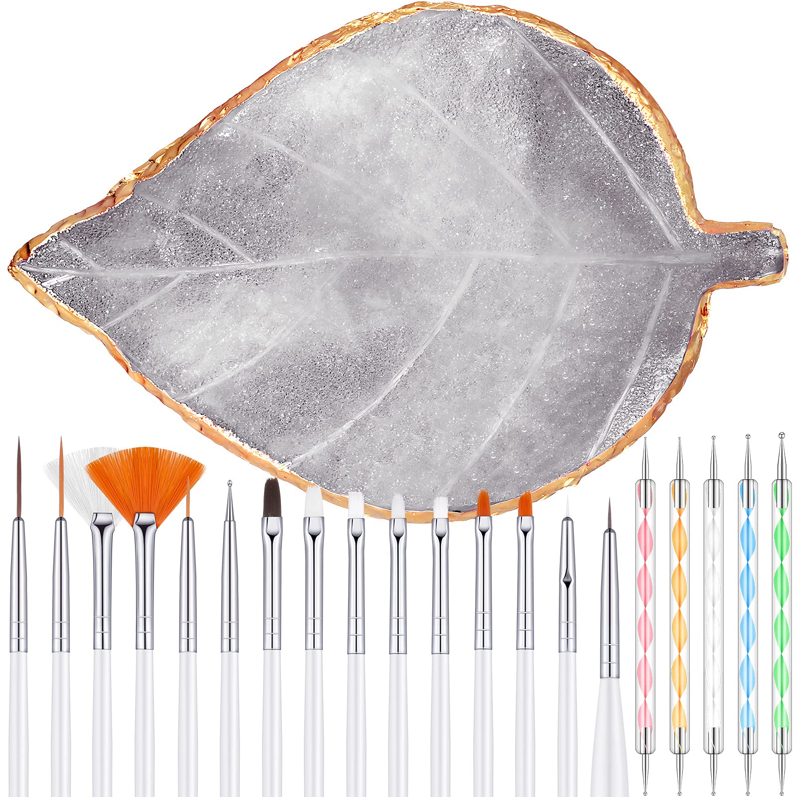 21 Pieces Nail Art Tools Kit, Resin Nail Art Palette Leaf Shape Mixing Palette and 20 Pieces Nail Art Design Brushes Golden Edge