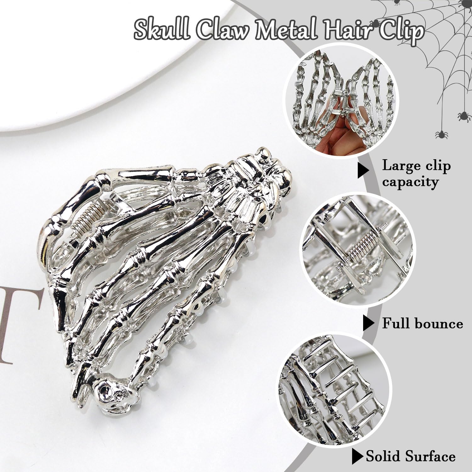 Muumoo Metal Skull Hand Hair Clip, 1 Piece, Silver, Punk-Inspired Art, Skull Embellishment, Metal, Halloween, Hair Securing, Cla