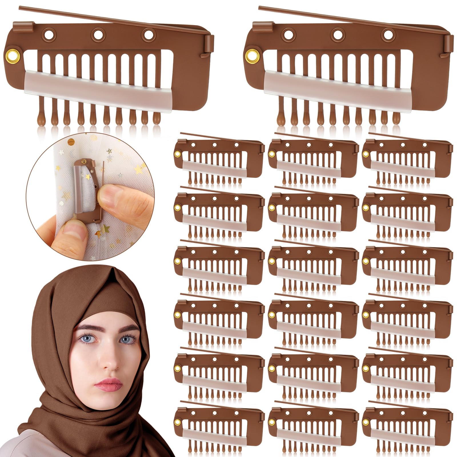 Crowye 20 Pieces Chunni Clips with Safety Pins 10 Teeth Wig Clips Strong Dupatta Grip Clip Flat Dupatta Setting Clips Hair Exten