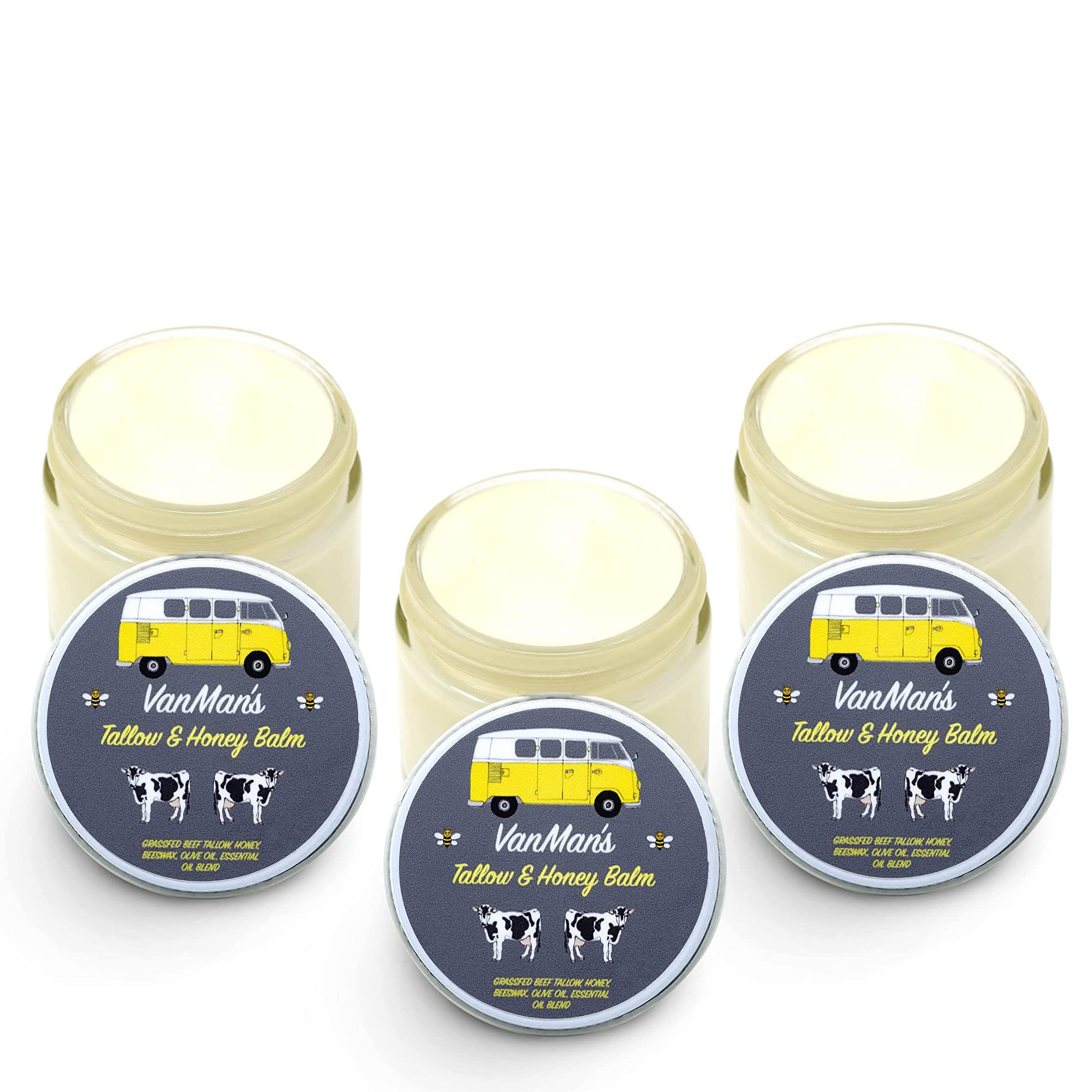 Vanman's NO ADDED SCENT Tallow and Honey Balm (2 oz) - 3 Pack - Grass Fed Beef Tallow & Honey Balm w/Vitamins A, K, D, E - Tallo