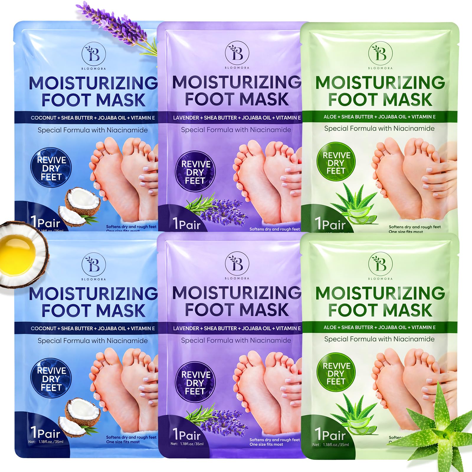 6 Pack Moisturizing Foot Mask for Dry Cracked Feet, Restoring & Hydrating Socks with Lavender, Shea Butter, Jojoba Oil & Vitamin