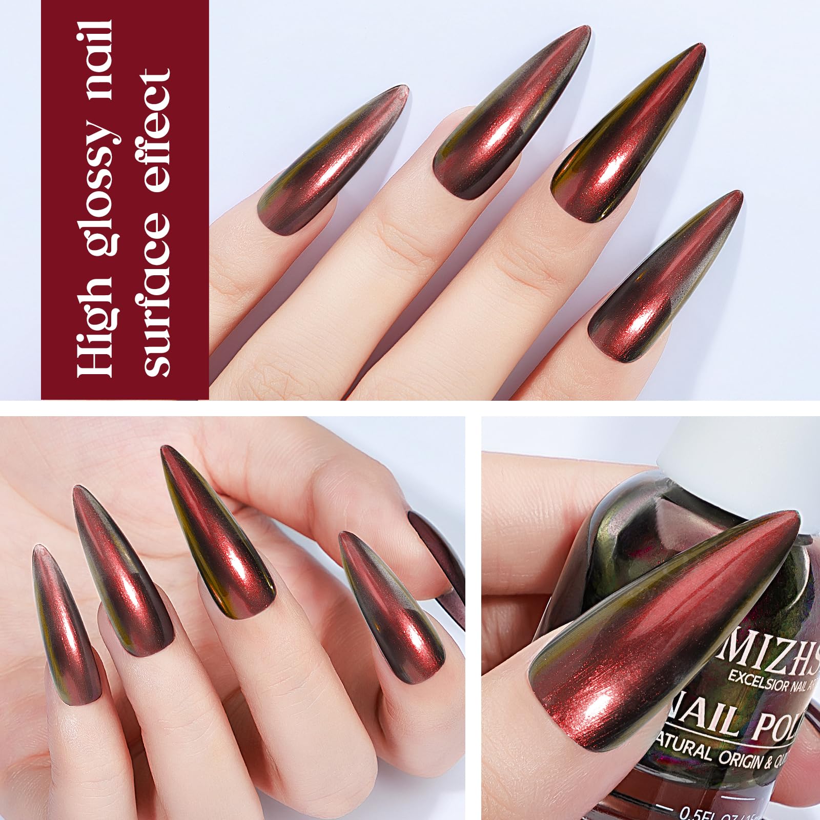 Mizhse Chameleon Nail Polish, Red Nail Polish Air Dry Fast, 15Ml/0.5 Fl Oz High Glossy Shiny Nail Pigment Holographic Nail Polis