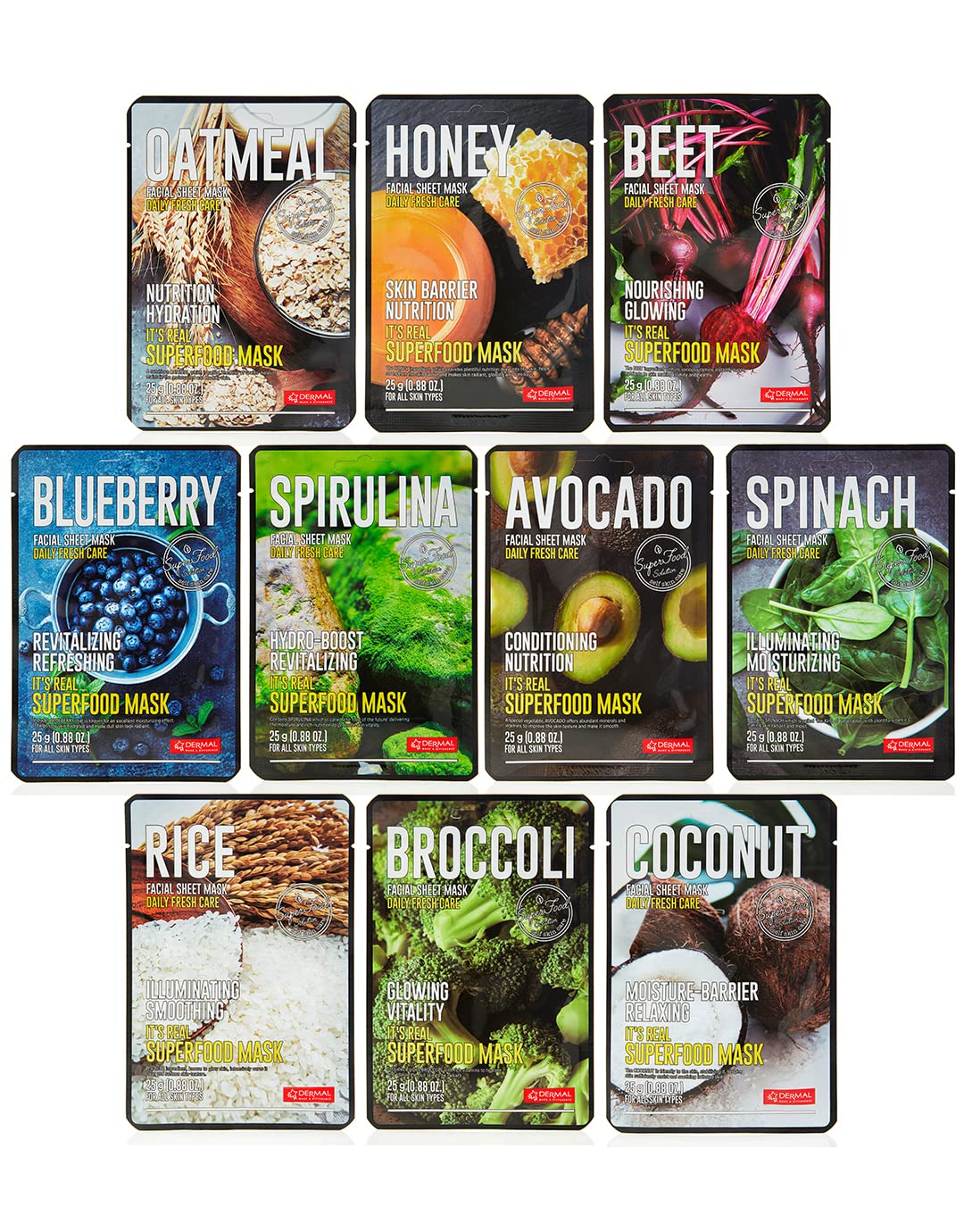 Dermal Superfood Daily Fresh Care Assorted Sheet Mask Mega 10 Pack- Facial Sheet Mask For Glowing Refreshing Skin - Moisturizing