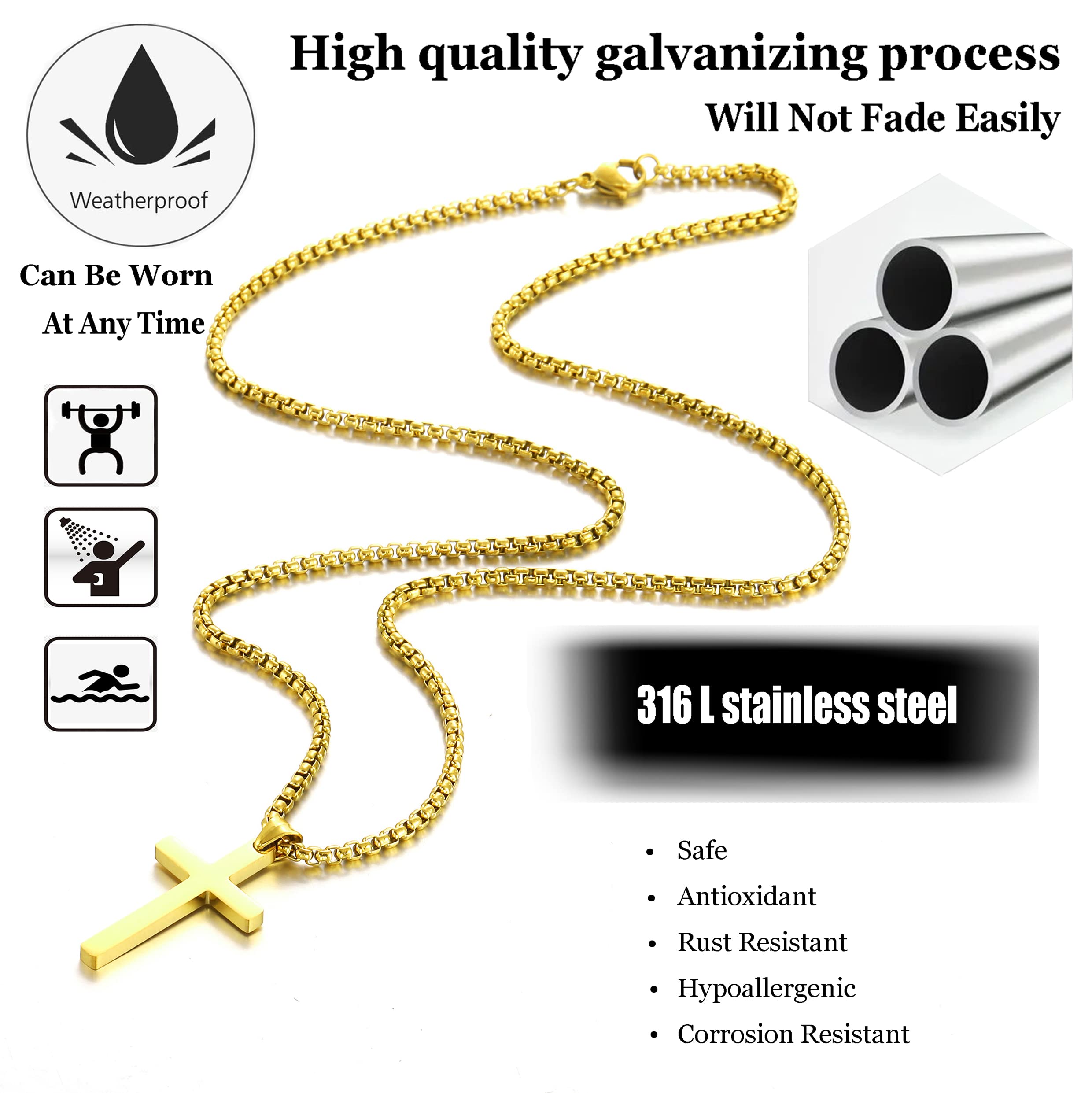 Stainless Steel Cross Necklace for men,Gold Cross Necklace for boys kids tiny Small Cross Pendant Necklace 24 inches Simple Jewe