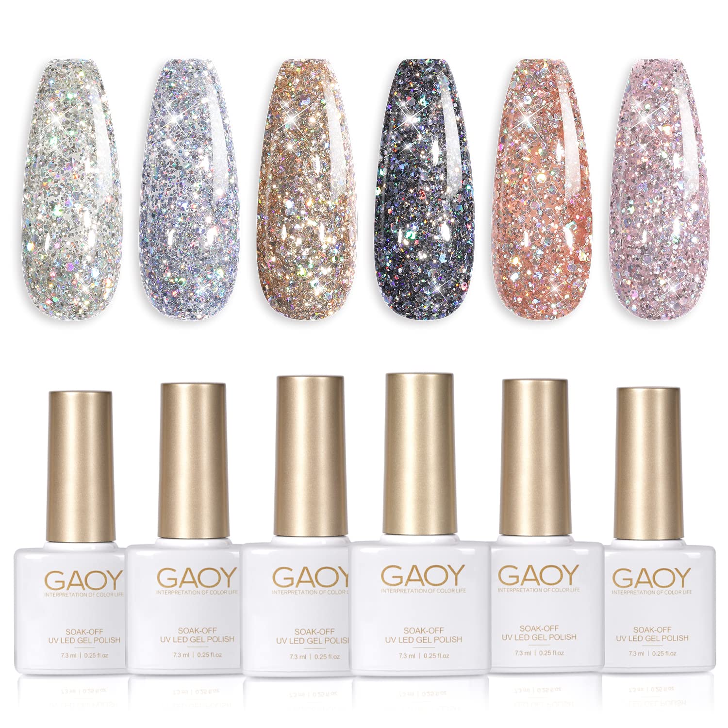 Gaoy Chrome Platinum Glitter Nail Polish Set Of 6 Colors Including Sparkly Shiny Uv Led Soak Off Black Silver Pink Gel Polish Ki
