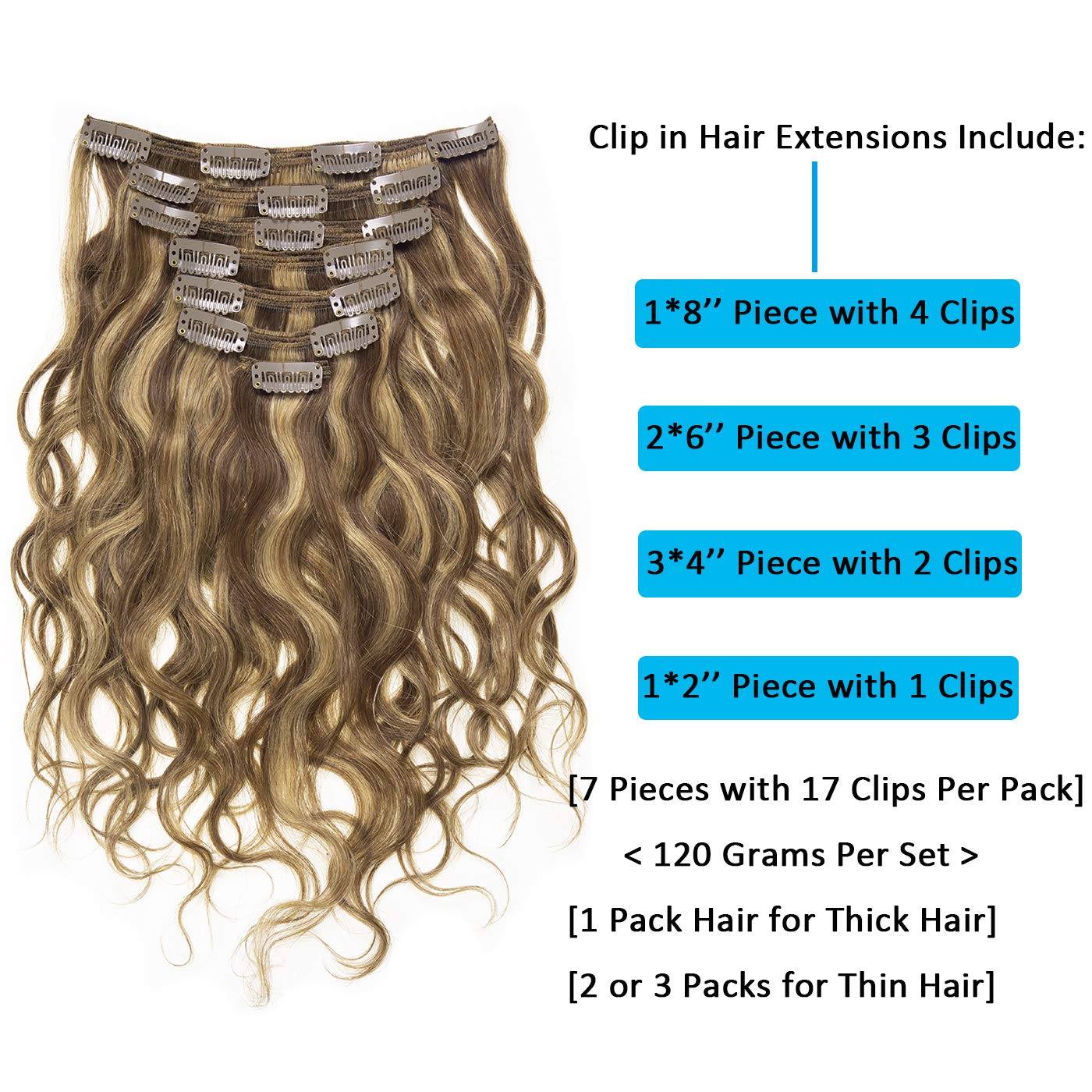 Caliee Curly Clip In Hair Extensions 20Inch Natural Wave Curly Thick End Full Head 8A Grade Remy Human Hair Extensions Highlight