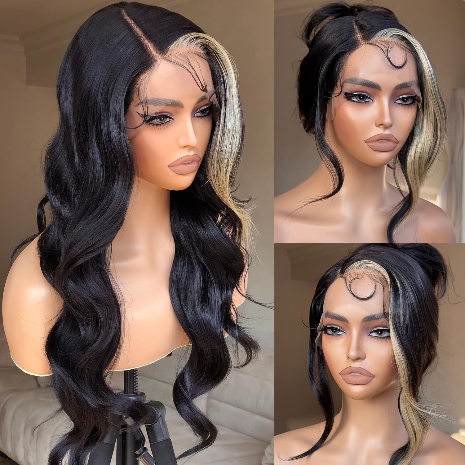 BrownBomb Skunk Stripe Wig Lace Front Wig Pre Plucked, Synthetic Lace Front Wigs for Women, Black and Blonde Wig Skunk Stripe La