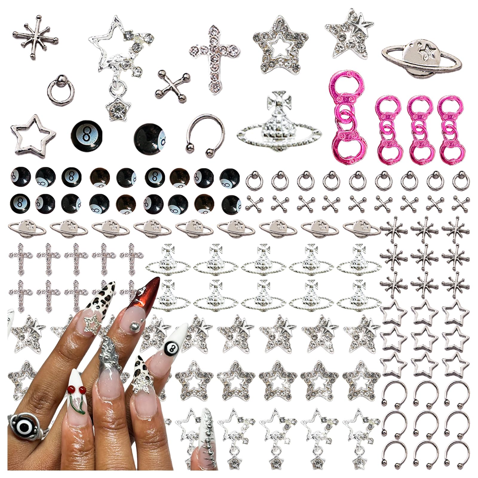 BBATT-HAPPY 134PCS Nail Charms,Silver Star Planet Cross Nail Jewels Punk Pink Handcuffs Billiards Nail Art Accessories for Acryl