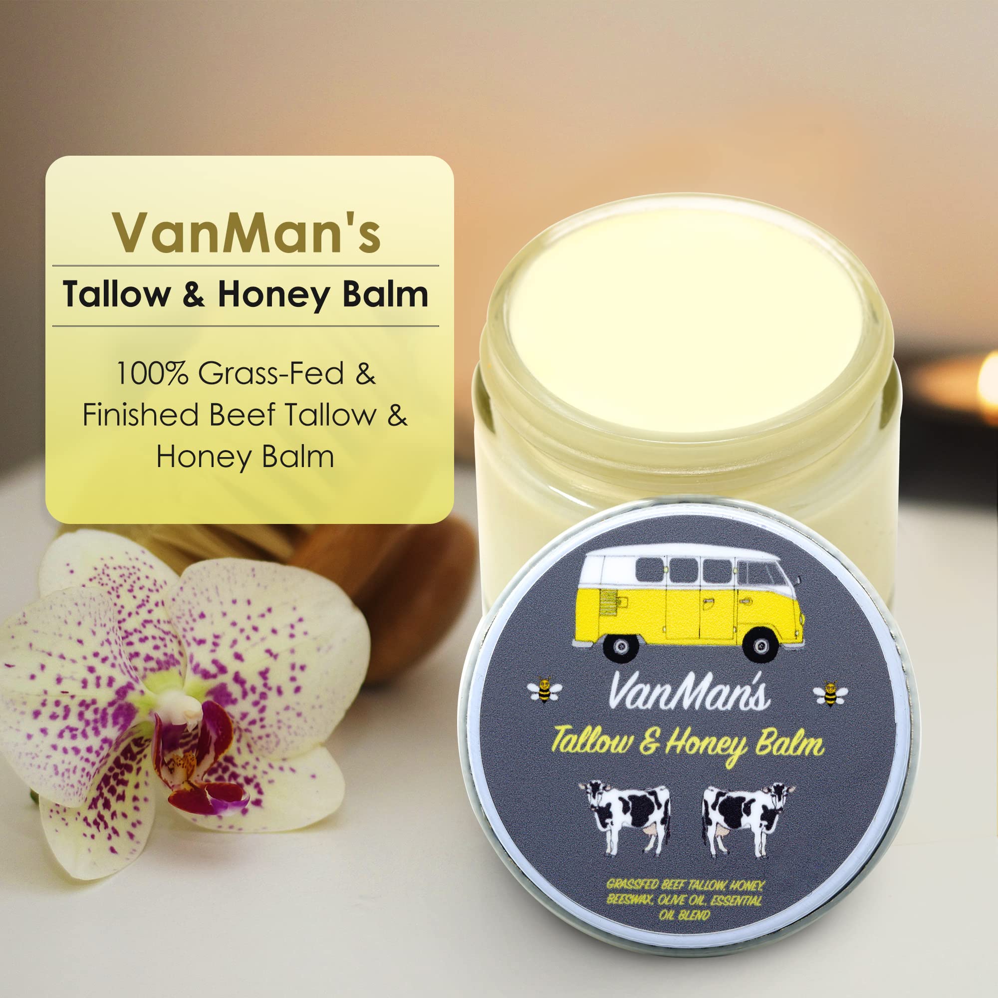 Vanman's Tallow and Honey Balm (2 oz) - Grass Fed Beef Tallow & Honey Balm w/Vitamins A, K, D, E, & Essential Oils - Tallow Mois