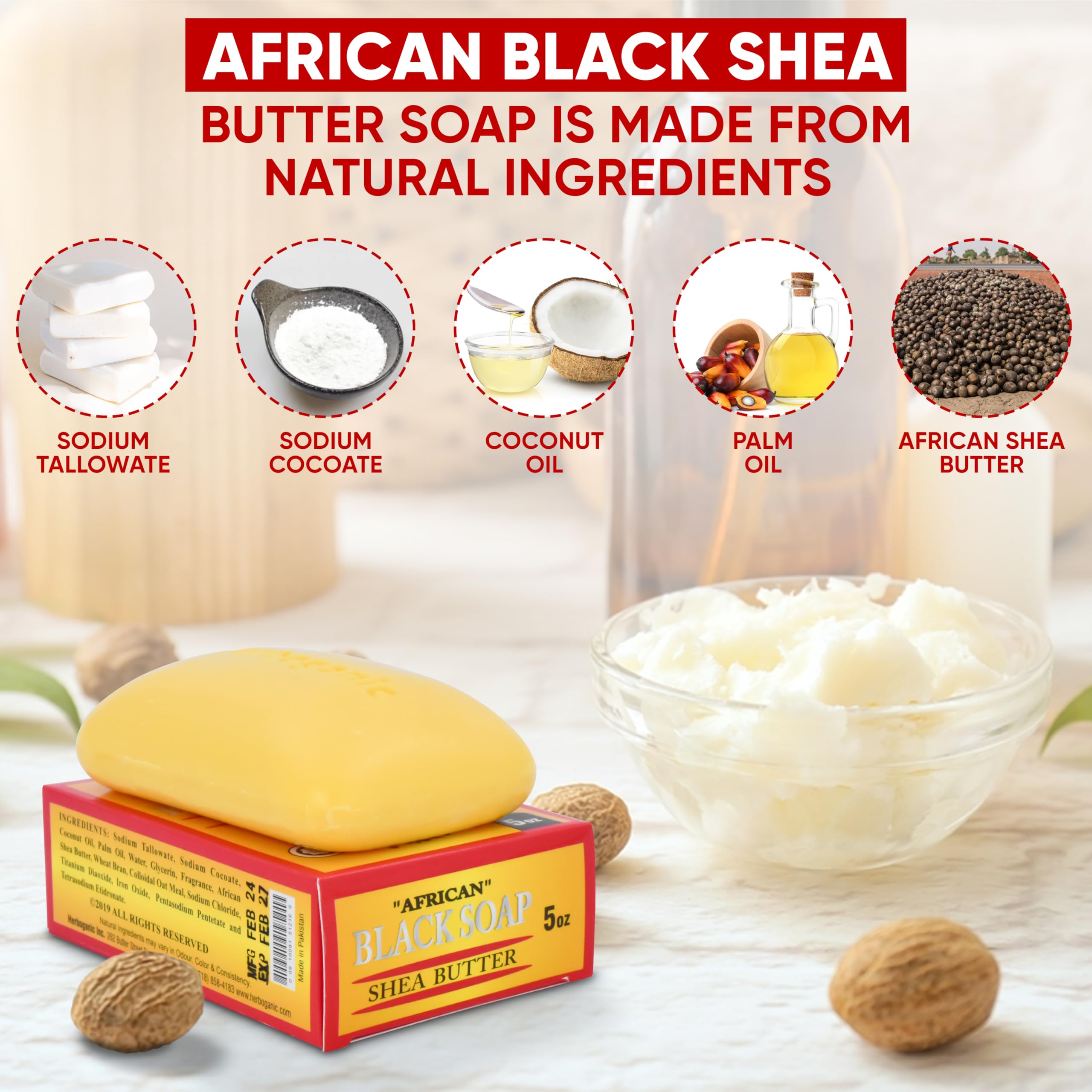 HERBOGANIC Africal Black soap With Shea Butter Herbal Soap | Pack of 3 of 5oz soap Bar | Natural Bar Soap for Face and Body | Hy