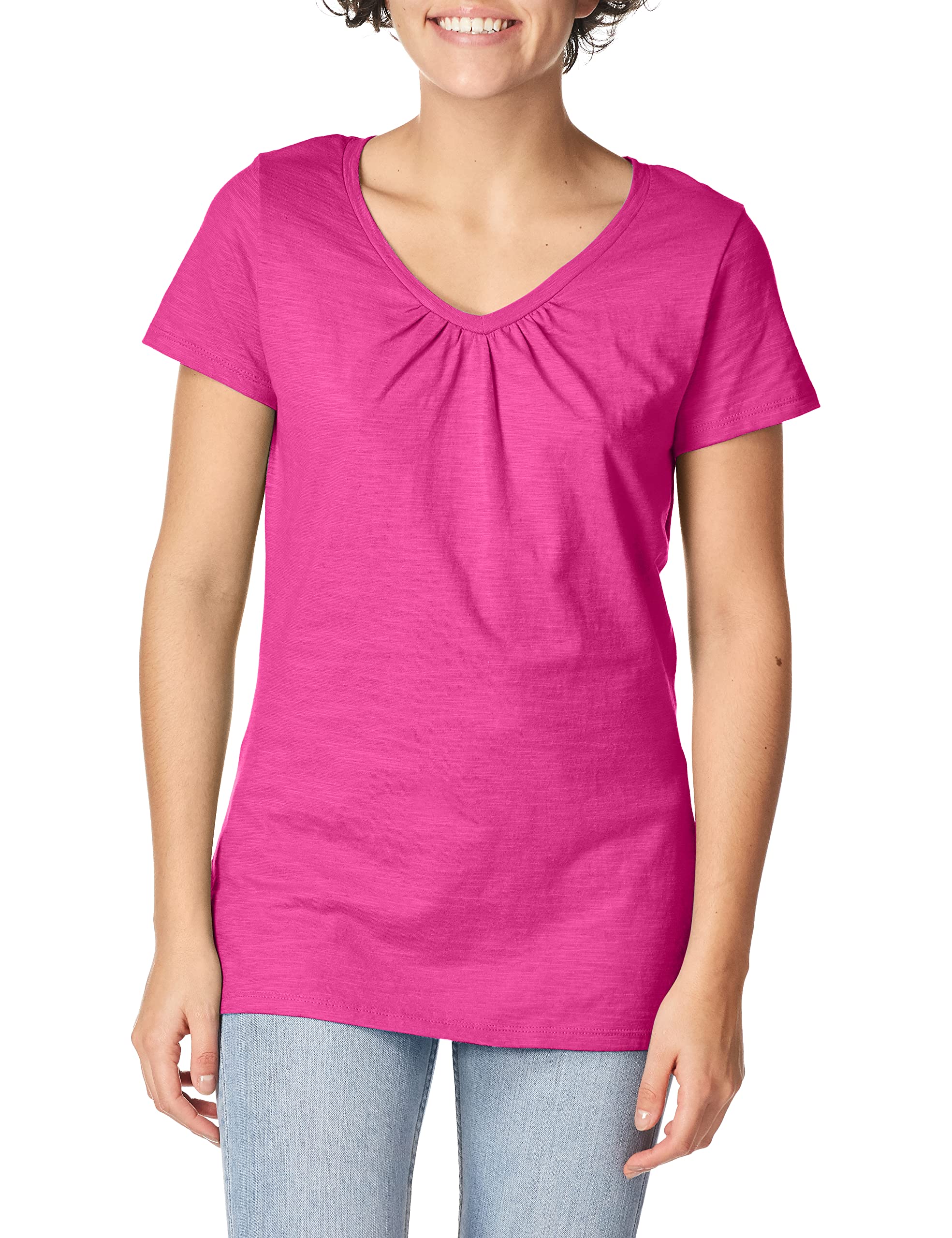 Hanes Womens Shirred V-Neck T-Shirt, Amaranth, X-Large