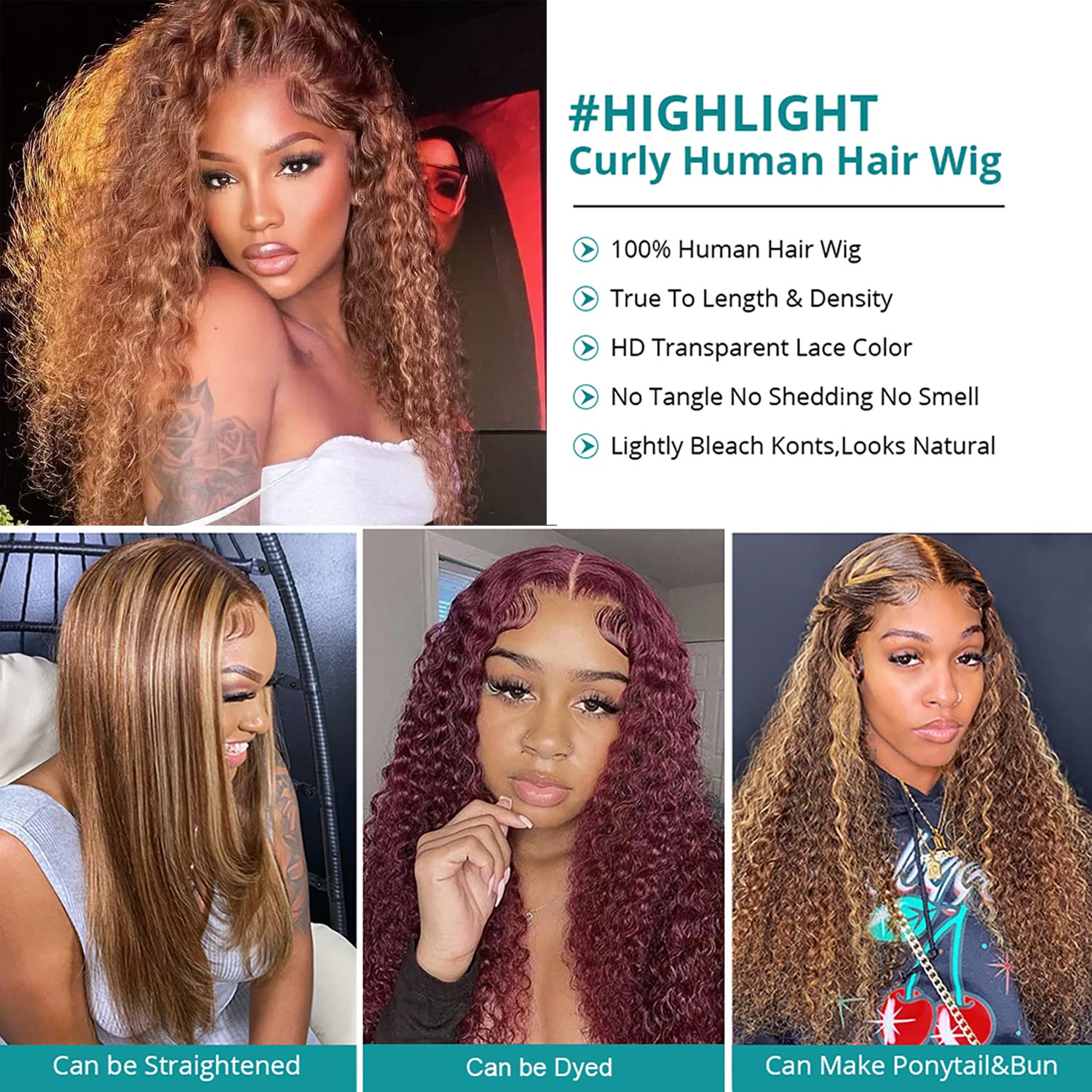 Juvid Highlight Ombre 13X6 Lace Front Wigs Human Hair 180 Density Curly Honey Blonde 4/27 Hd Transparent Frontal Wig For Women D