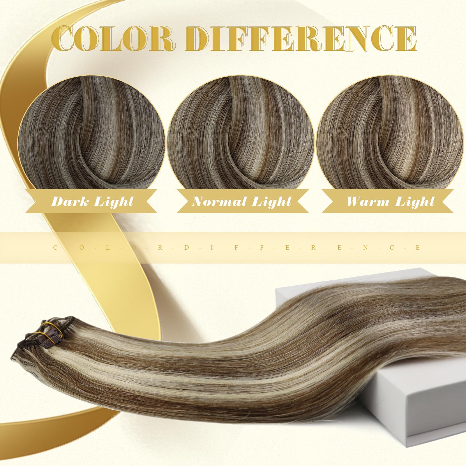 Ve Sunny Clip on Hair Extensions Human Hair Highlights Real Hair Clip in Extensions Light Brown with Platinum Blonde Highlights