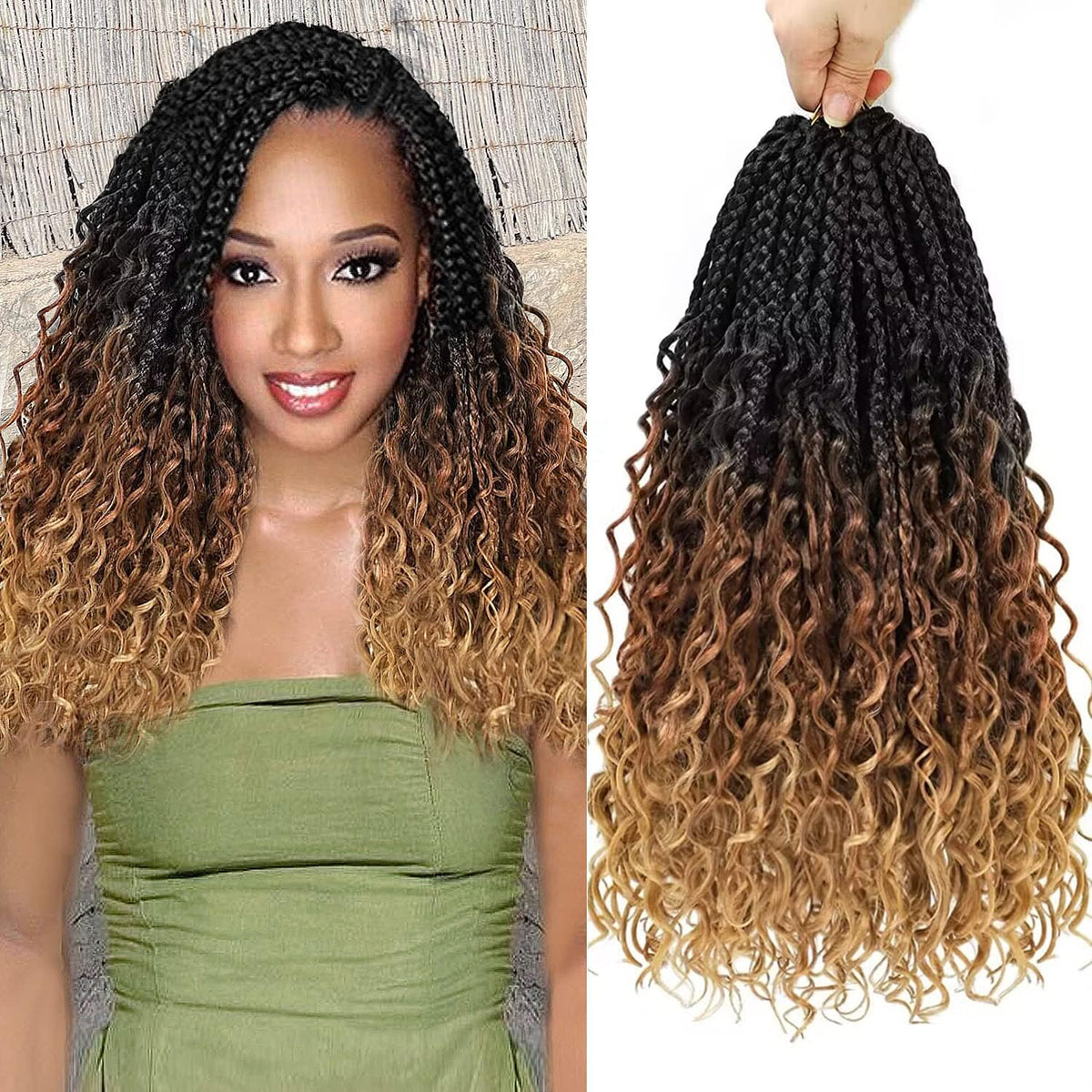 9 Packs Goddess Box Braids Crochet Hair-14 Inch Boho Crochet Braids with Curly Ends,Bohomian Box braiding hair for Black Women D