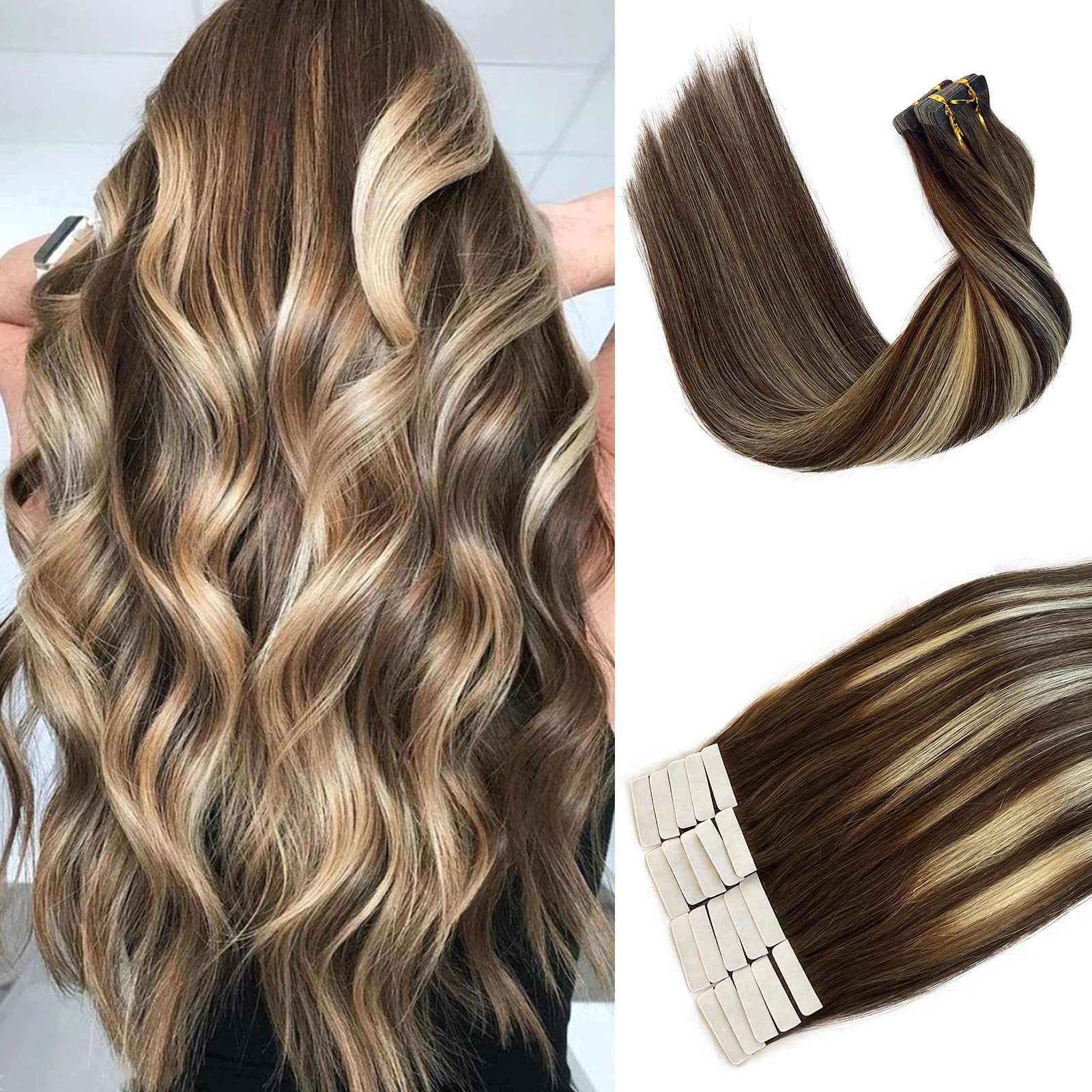 Highlighted Tape In Hair Extensions Human Hair 16Inch Omber Walnut Brown To Ash Brown With Medium Blonde Double Sided Tape In Re