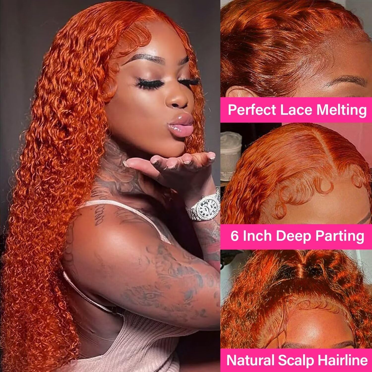 13X6 Deep Wave Ginger Lace Front Wigs Human Hair 180% Density Curly Lace Frontal Wig Human Hair Pre Plucked Brazilian Glueless O
