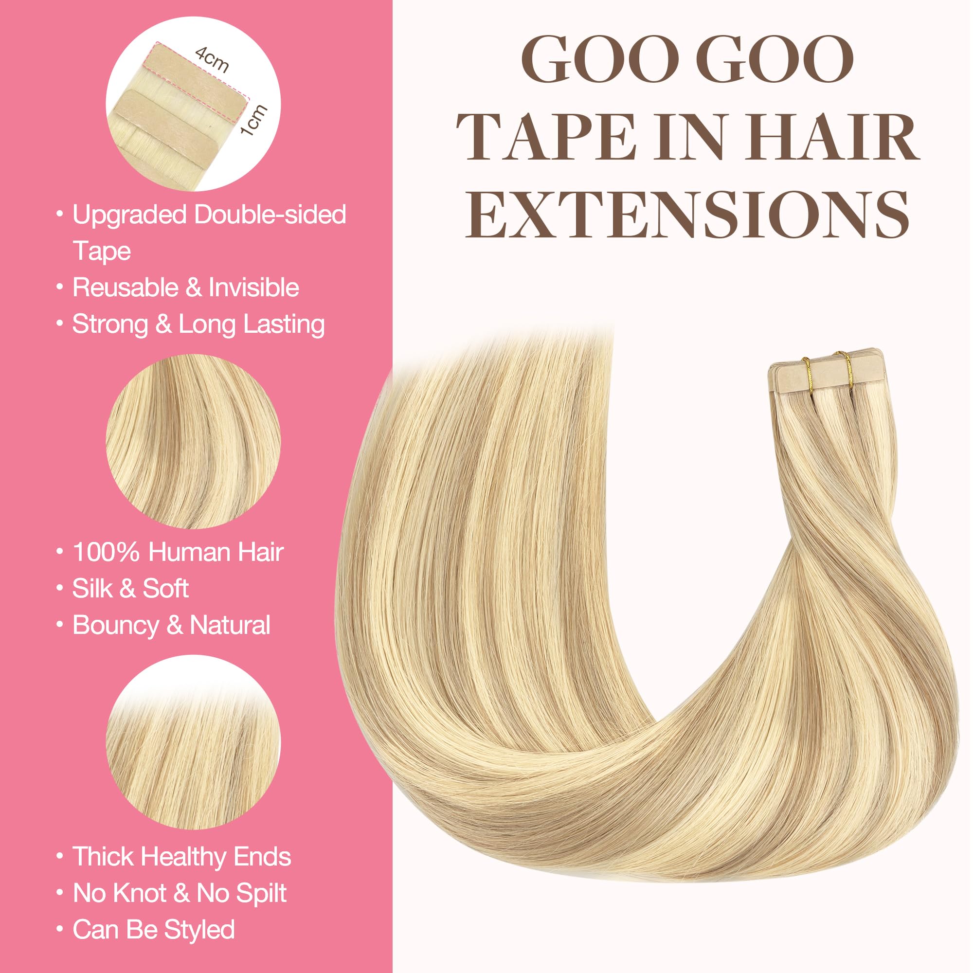 Goo Goo Tape In Hair Extensions Human Hair, 18D/22F Dirty Blonde Highlights, 10Inch 60G 40Pcs, Thick Ends Straight Seamless Tape