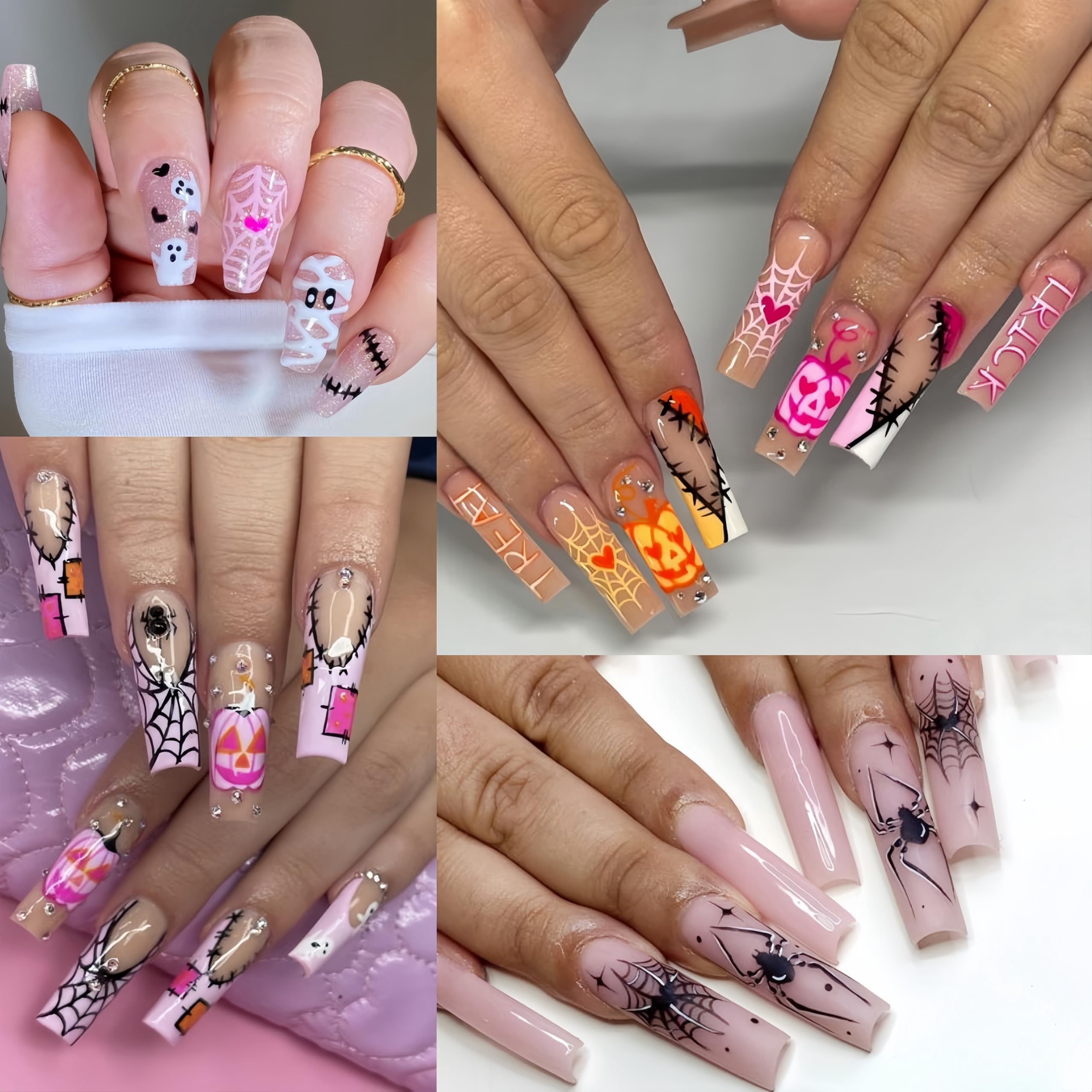 6Pcs Halloween Nail Stickers 3D Self-Adhesive Pink White Ghost Nail Decals Funny Spider Web Nail Art Stickers With Rhinestones N