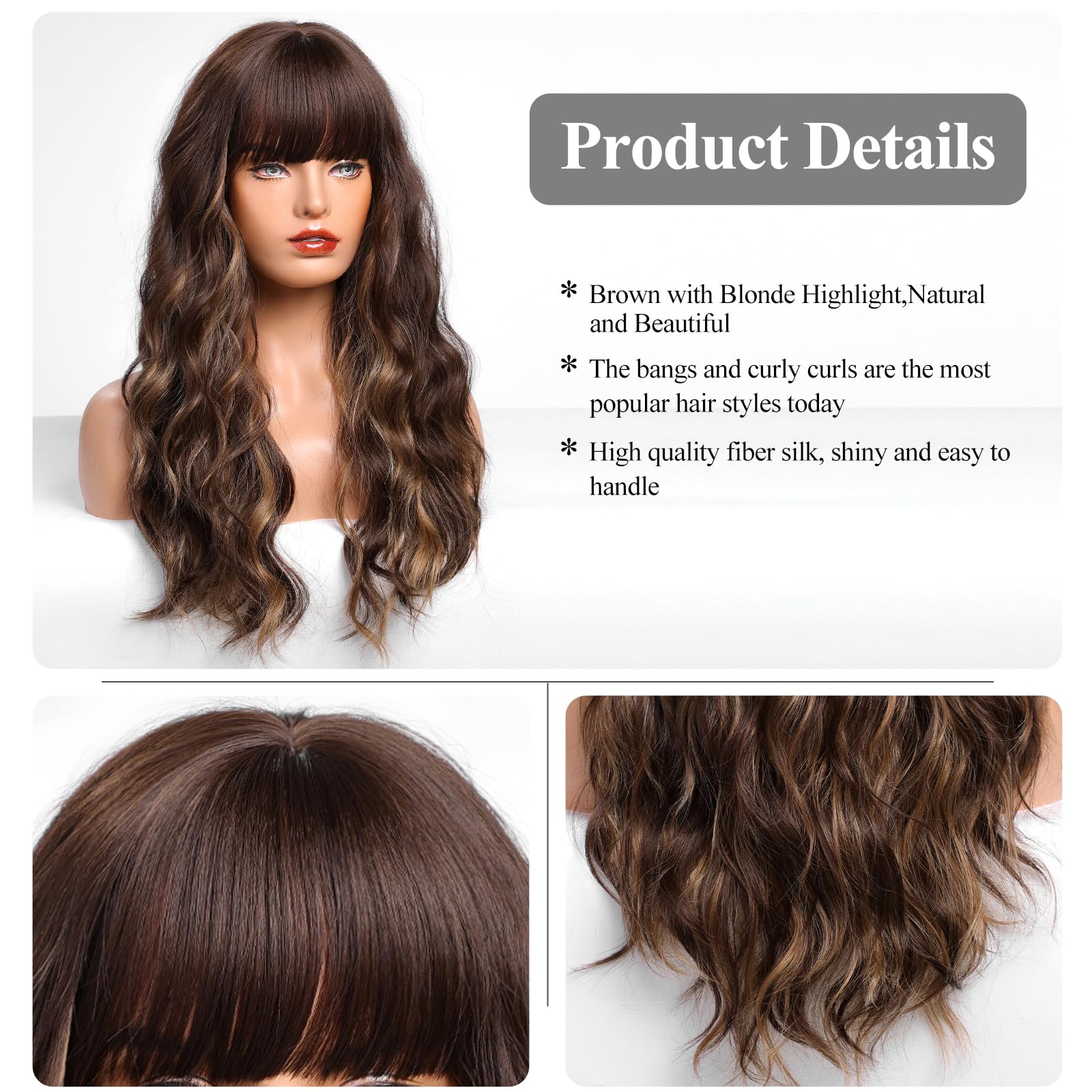 Haircube Brown With Blonde Highlight Wig Long Curly Wig With Bangsnatural Appearance Heat-Resistant Synthetic Wig Suitable For F
