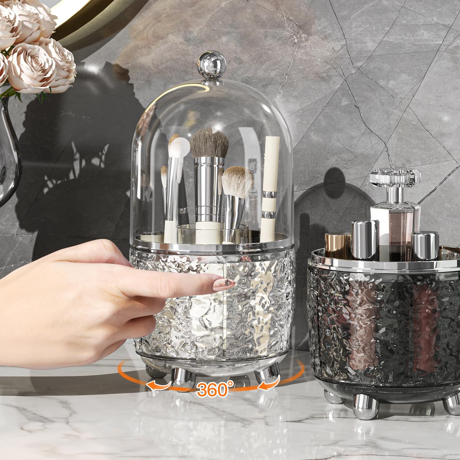 J Warrior Makeup Brush Holder With Lid 360 Rotating Dustproof Cosmetic Tools Organizer With Cover For Vanity, Dustproof Spinning