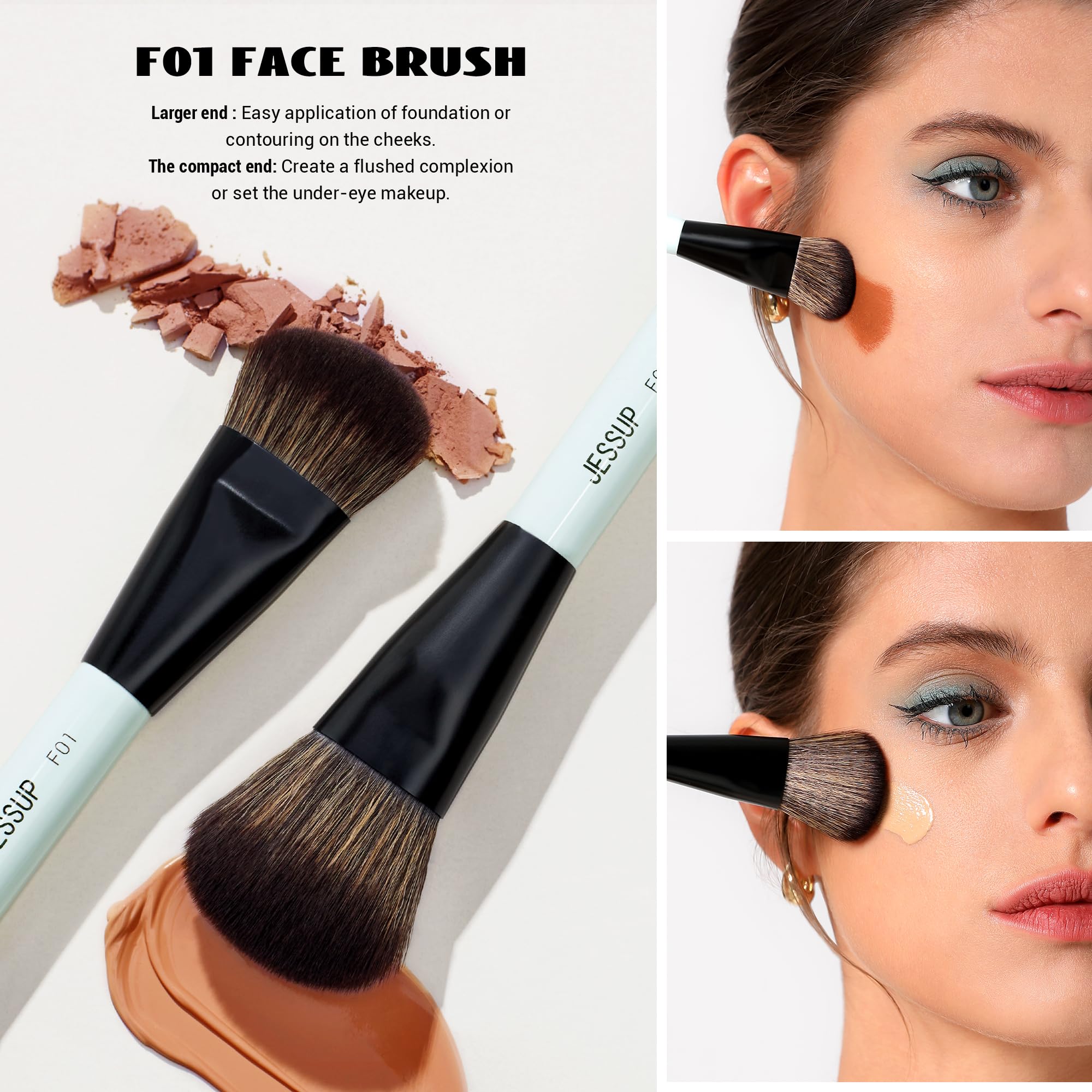 Jessup Makeup Brushes 2Pcs Double Sided Foundation Brush Contour Brush Dual Ended Eye Blending Brush, Multi-Functional Cosmetic