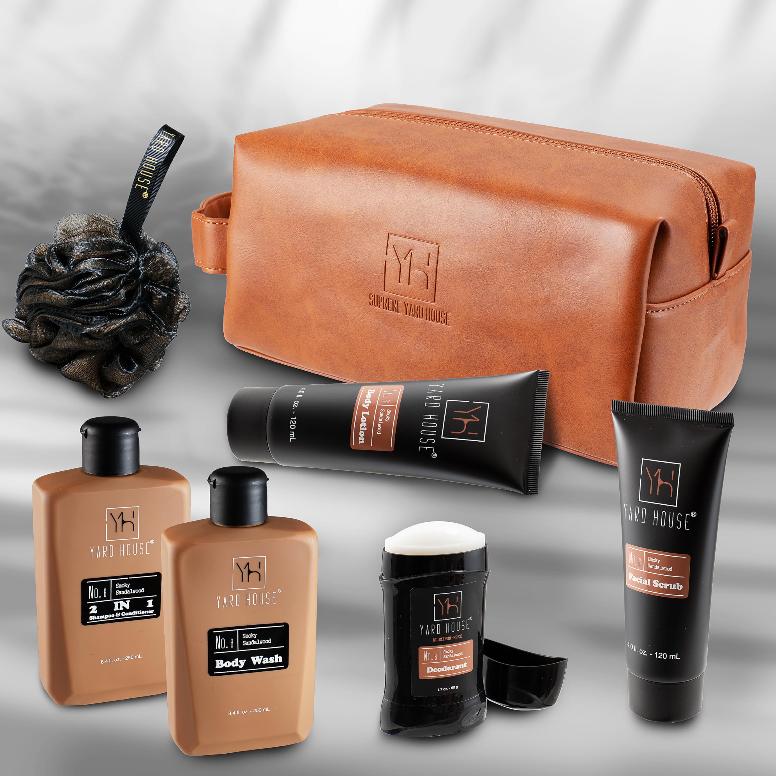 Yard House Luxury Mens Bath And Body Gift Set Basket For Him - Smoky Sandalwood - All Natural Skin Care Kit For Men W. Full Size