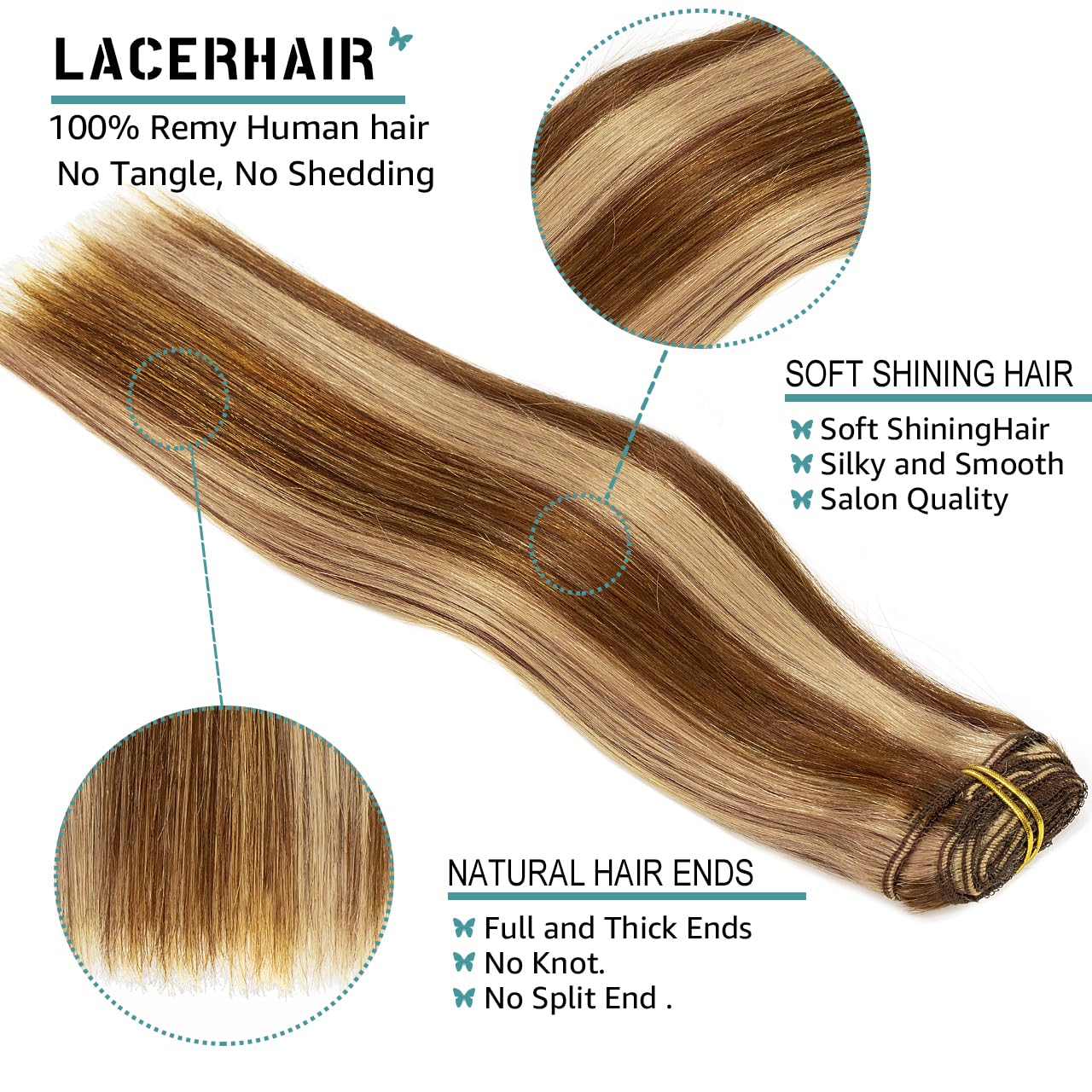 Lacer Clip In Extensions Real Human Hair Long Straight Hair Pieces 20 Inch Color Light Golden Brown Hightlight Chocolate Brown P