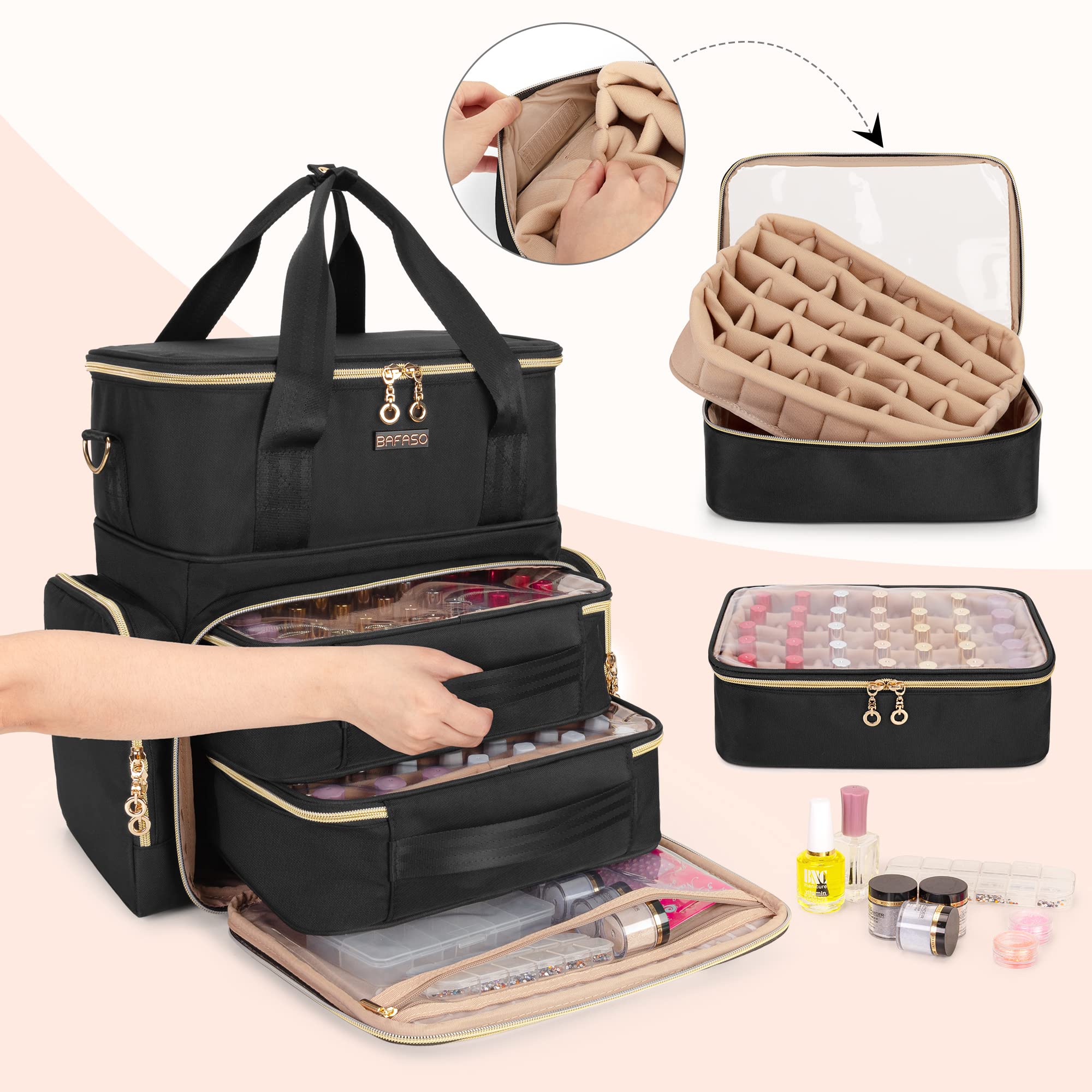 Bafaso Double Layer Nail Polish Organizer Holds 70 Bottles (15Ml - 0.5 Fl.Oz) And A Nail Dryer, Nail Polish Case With 2 Removabl