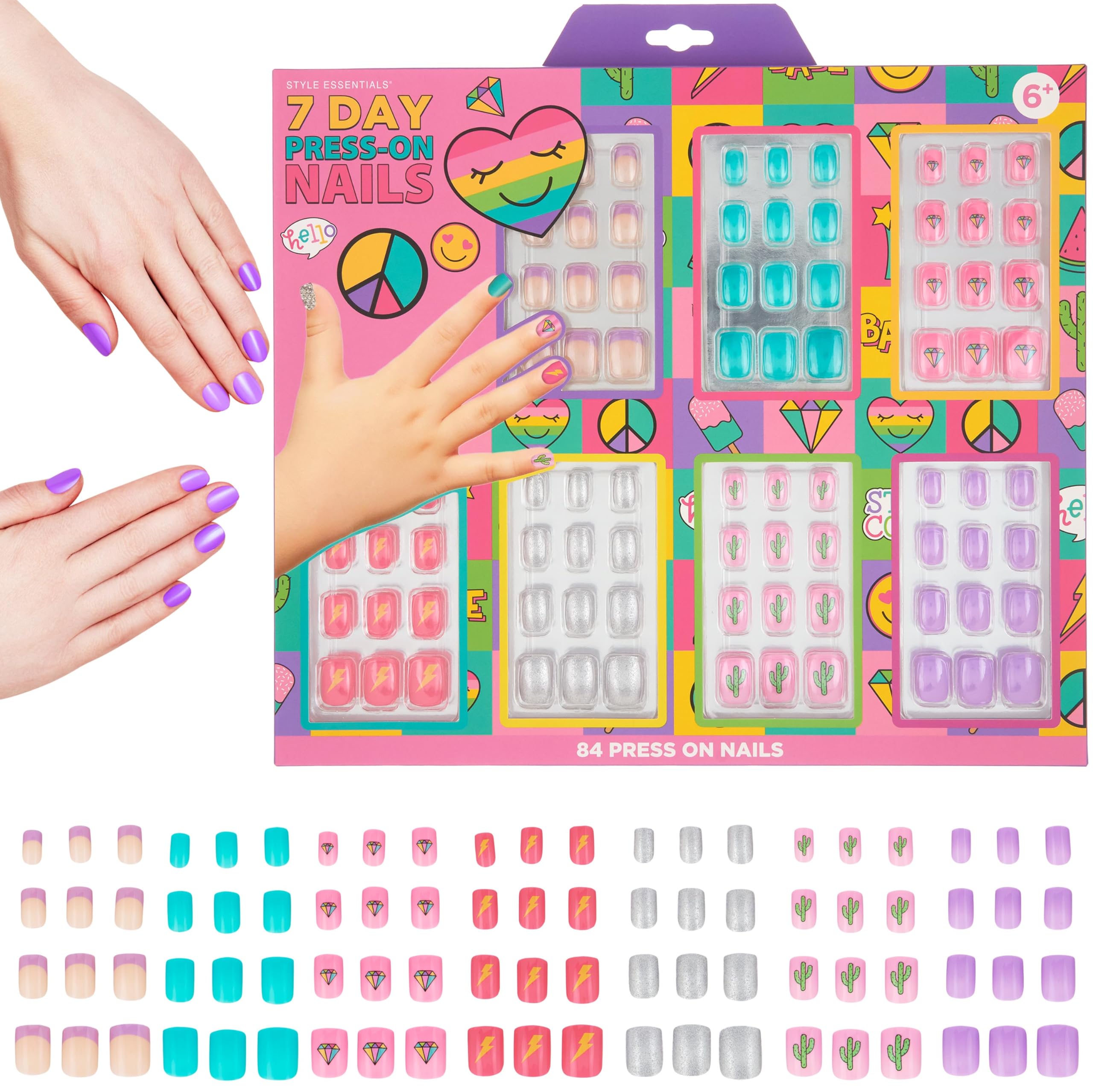 Expressions 7 Day Manicure Collection - 84PC Press On Nail Set, Day-Of-The-Week Adhesive False Nails for Girls (PEACE & LOVE Col