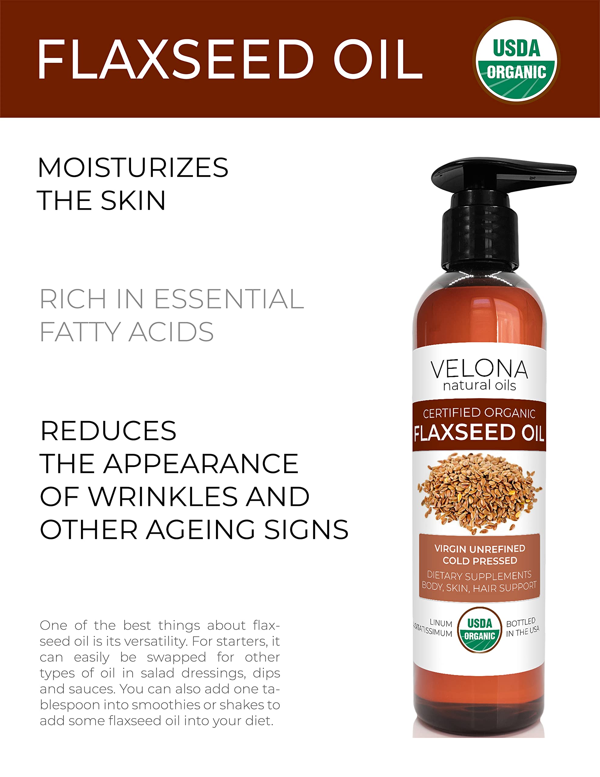 Velona Usda Certified Organic Flaxseed Oil - 8 Fl Oz | 100% Pure And Natural Carrier Oil | Unrefined, Cold Pressed | Hair Growth