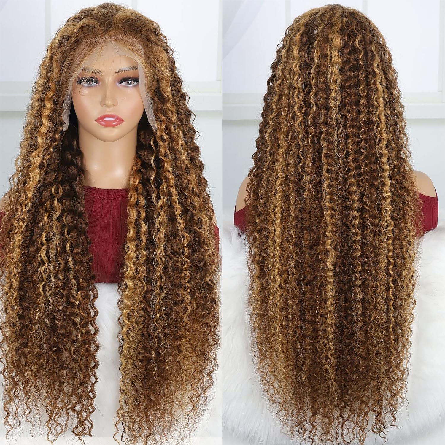 Faba Ombre Deep Wave Lace Front Wig 26 Inch 13X4 Honey Blonde Glueless Wigs Human Hair Brown Wig With Highlights 180% Density Hi