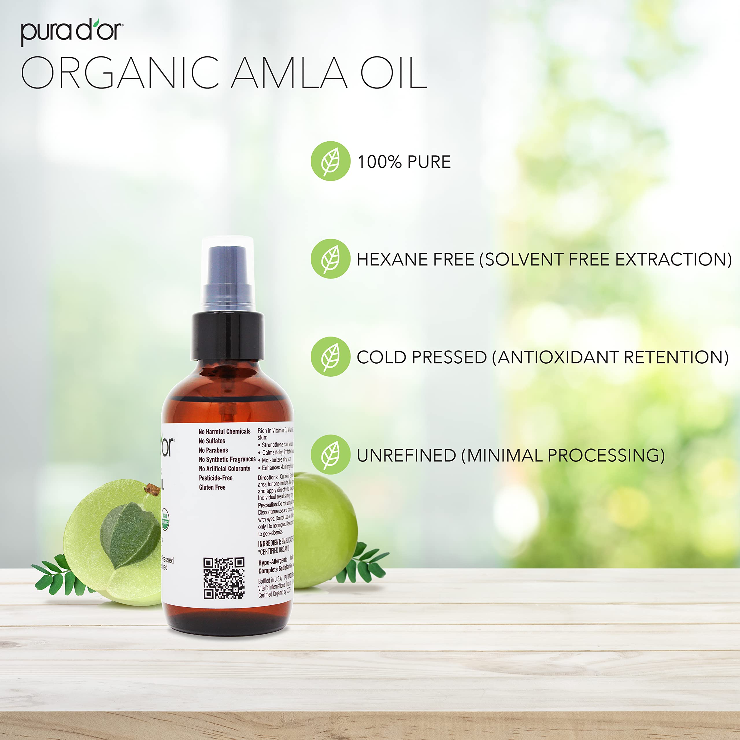 Pura D'Or 4 Oz Organic Amla Oil, 100% Pure Usda Certified Premium Grade Oil, Cold Pressed, Unrefined, Extra Virgin, Indian Hair