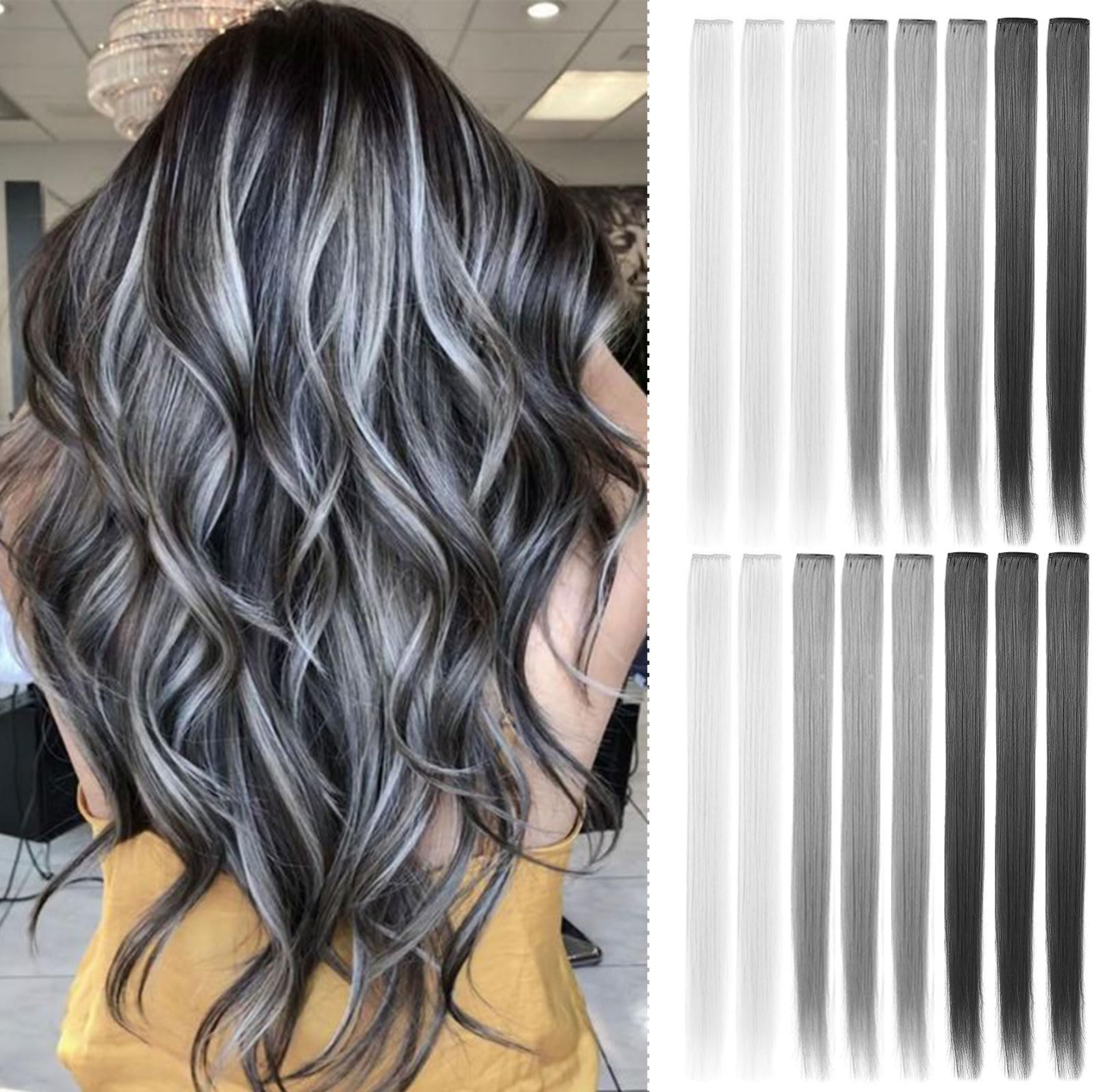 SARARHY Girls Hair Accessories Colored Hair Extensions Clip in Holiday Party Highlights 21 inch Straight Synthetic Grey Hair pie