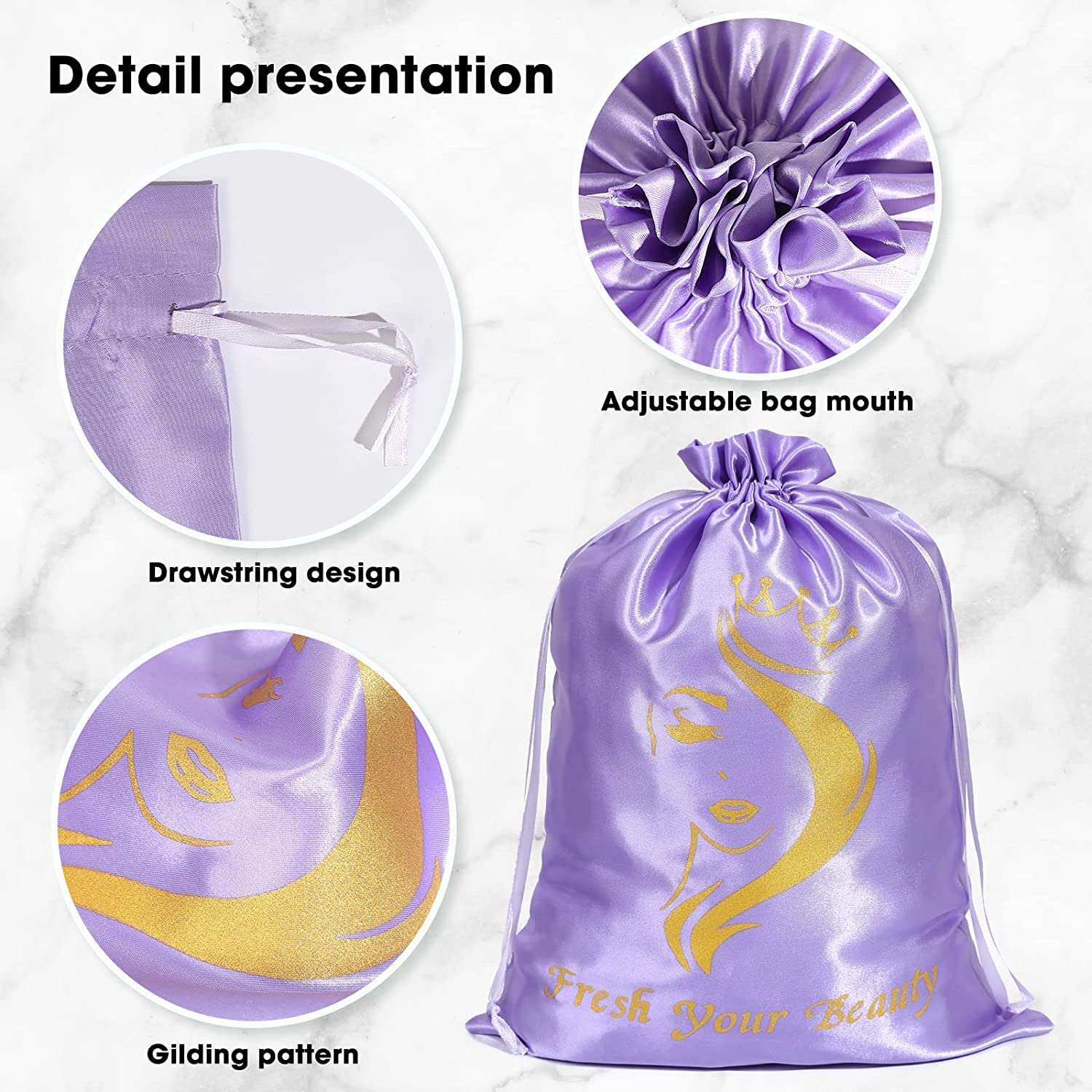 6pc Satin Wig Bags - Drawstring Silk Storage for Wigs, Extensions & Gifts (Mix Purple & Pink)