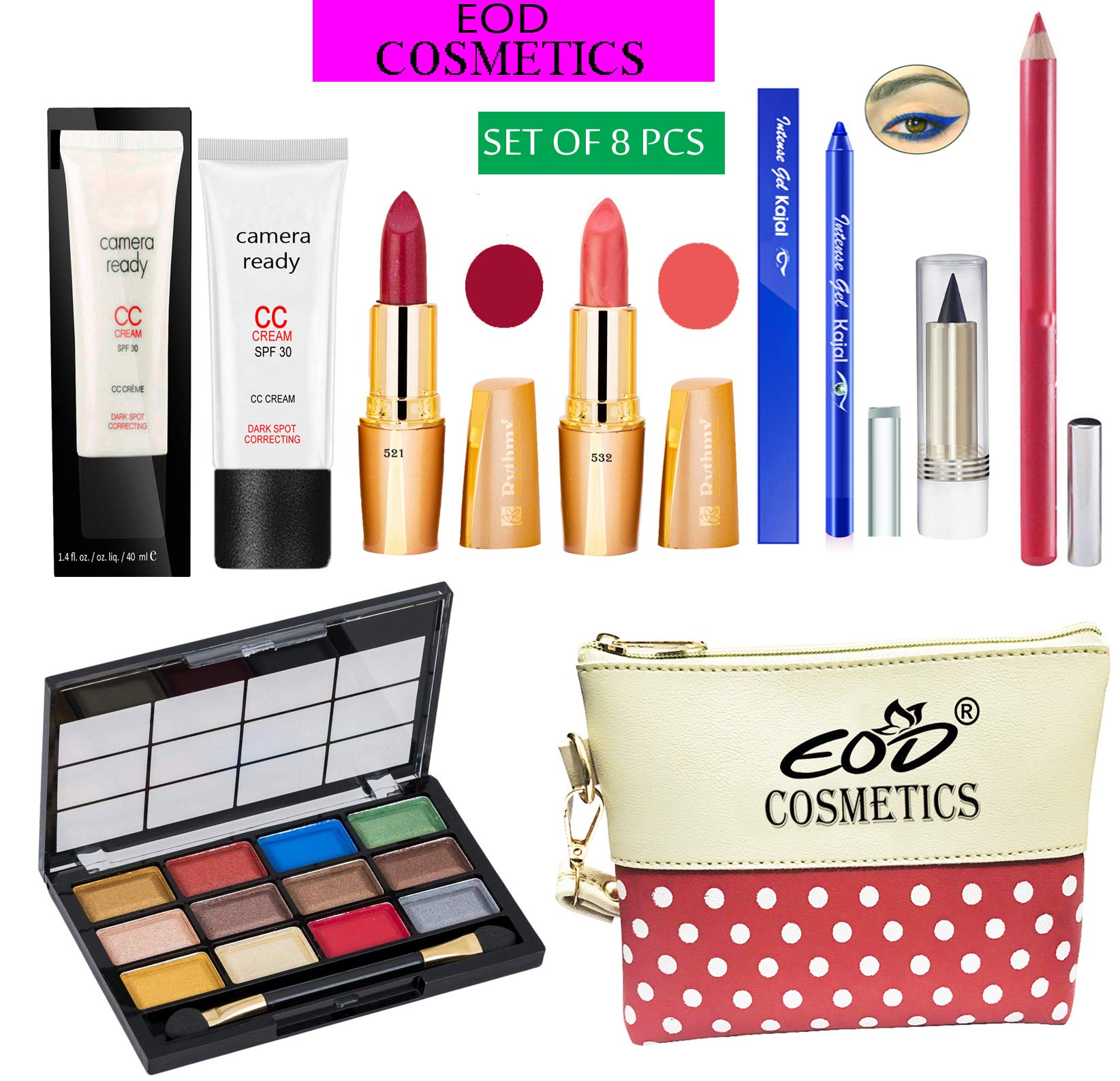 Eod Makeup Kit For Women, Ladies Cosmetics Combo Set With Eyeshadow,Lipstick,Fairness Cream, Blue Kajal Set Of 8 Pcs, C215