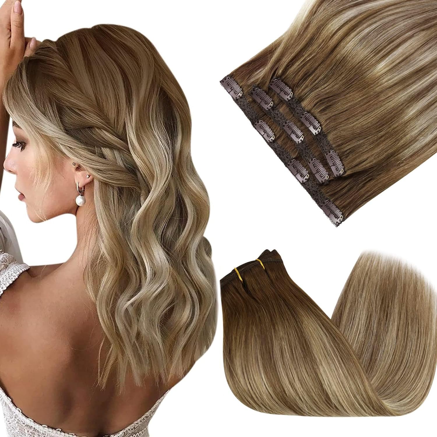 Sunny Ombre Clip in Hair Extensions Brown Blonde Clip in Human Hair Extensions Balayage Invisible Clip on Hair Extensions Ombre 