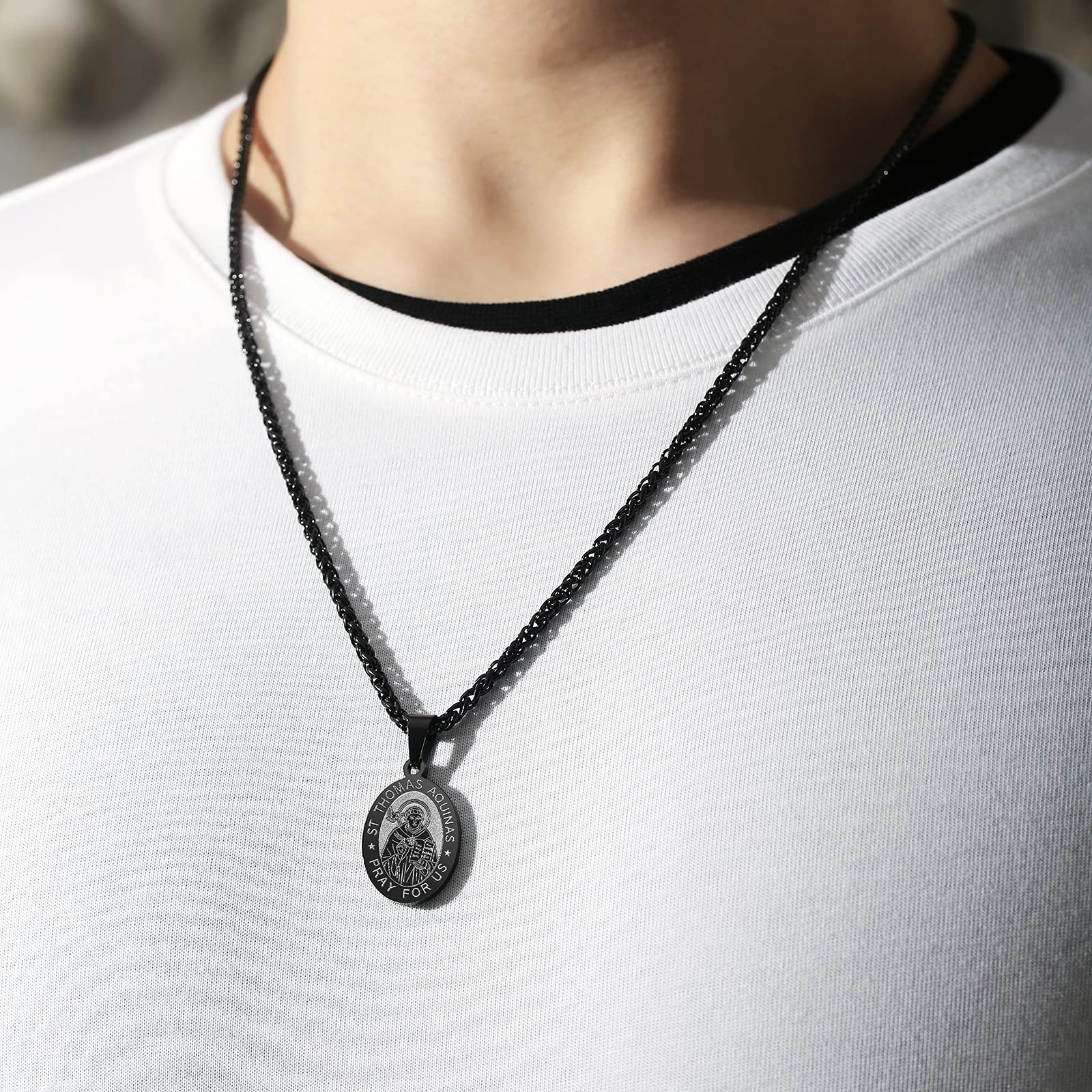 P. BLAKE Black St. Saint Thomas Medal Necklace Men, Stainless Steel Catholic Saint Thomas Aquinas Pendant Chain