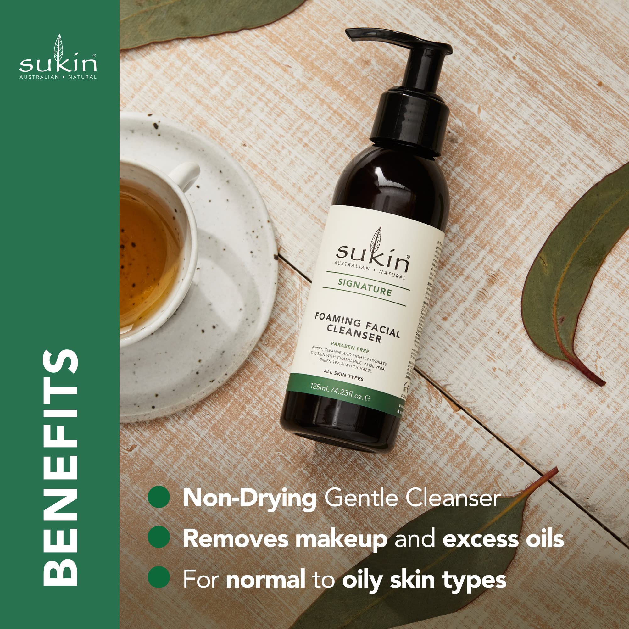 Sukin Foaming Facial Cleanser Pump, Gentle Gel Cleanser With Green Tea, Aloe Vera & Chamomile To Purify, Soothe & Tighten Skin,
