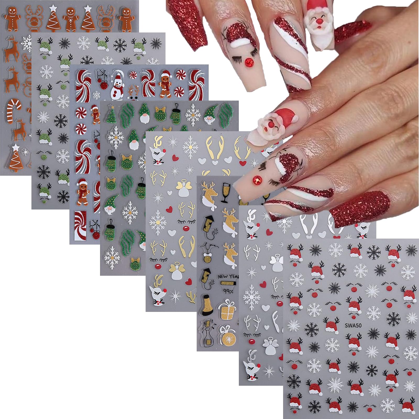 8 Sheets Christmas Nail Art Stickers Decals Self-Adhesive Pegatinas Uas Holiday Santa Hat Snowman Snowflake Elk Gingerbread Xmas