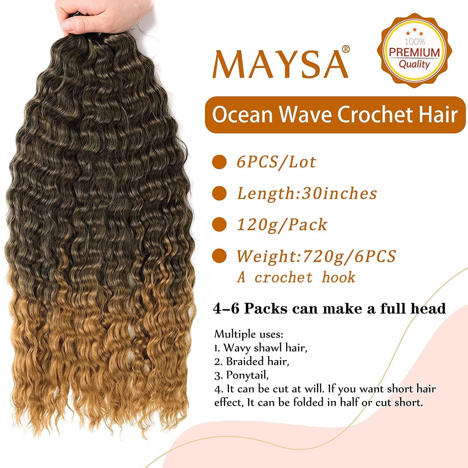 MAYSA 30" Ocean Wave Crochet Hair Extensions, Synthetic Deep Wave, #1BT27, 6 Packs