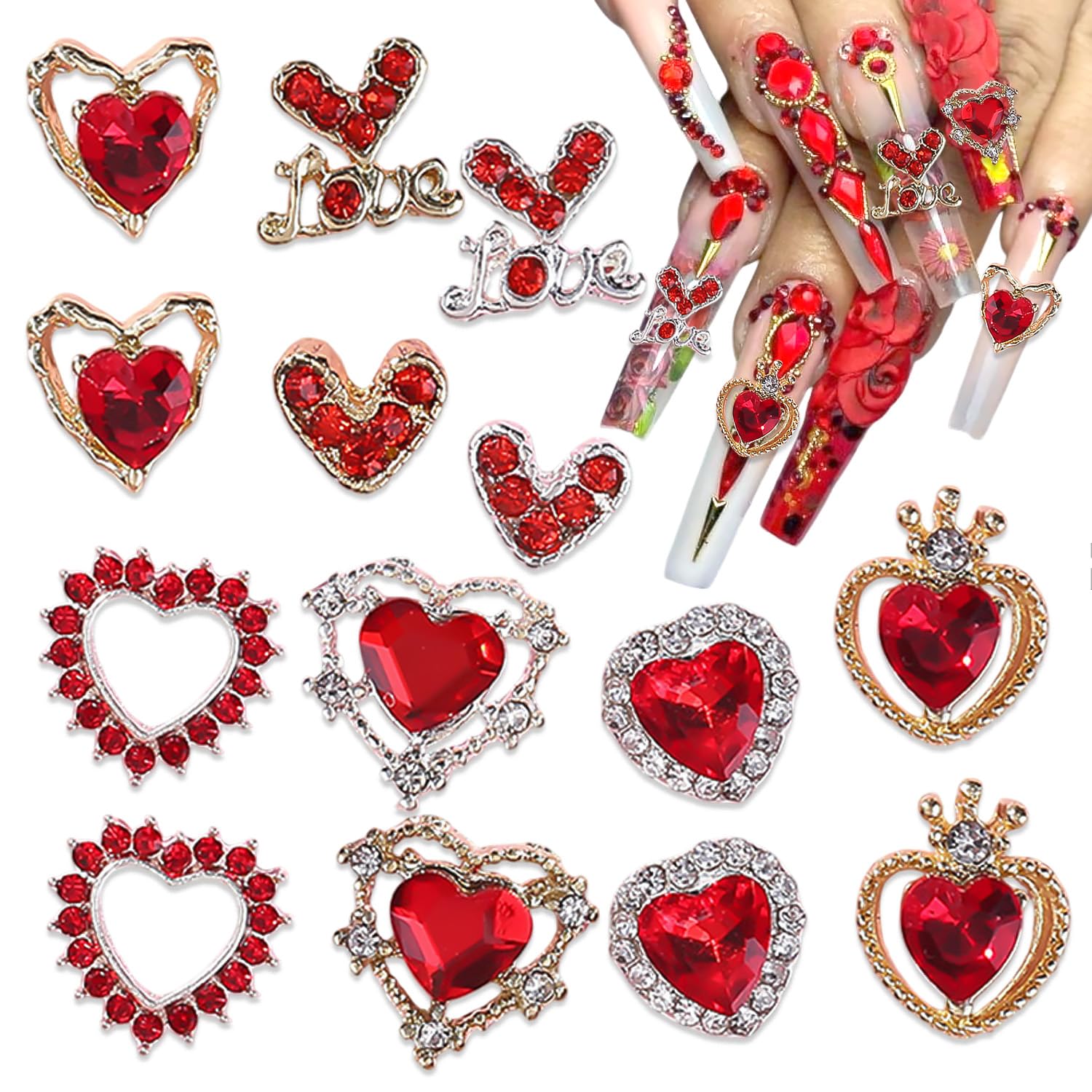 Valentines Nail Charms for Crown Nails Art Gold Silver Heart Nail Rhinestones Romantic Red Glitter Heart Nail Art Charms 3D Allo