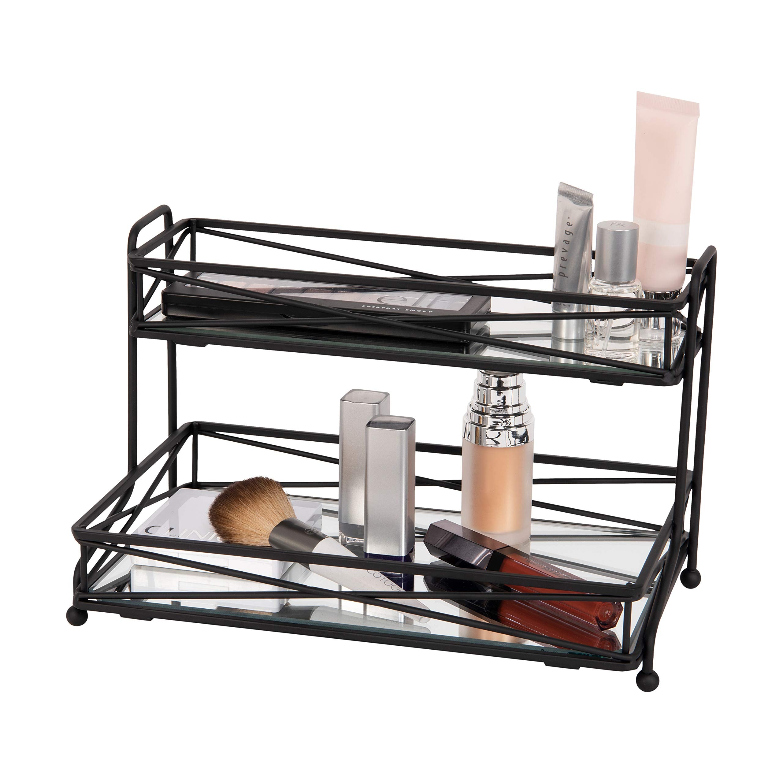 Home Details Mirrored, Perfect For Perfumes, Jewelry, Makeup, Cosmetic Organizer, Stylish Decor In Matte Black 2 Tier Vanity Tow