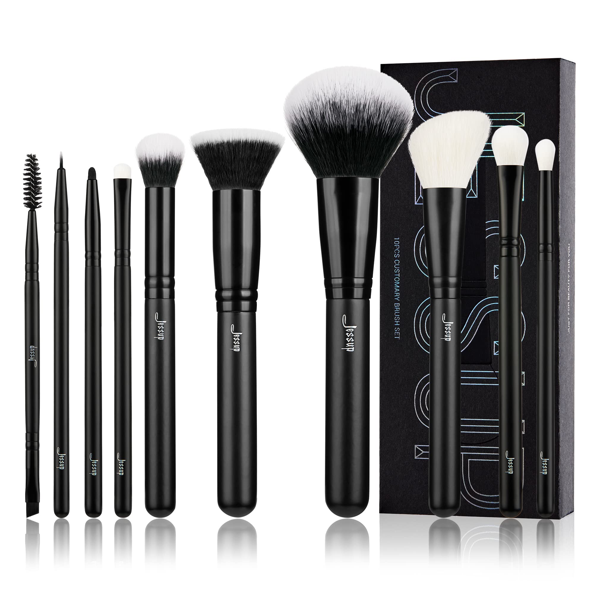 Jessup Makeup Brush Set 10pcs Black Make up Brushes Set Professional with Natural Synthetic Hair for Foundation Blending Blush C