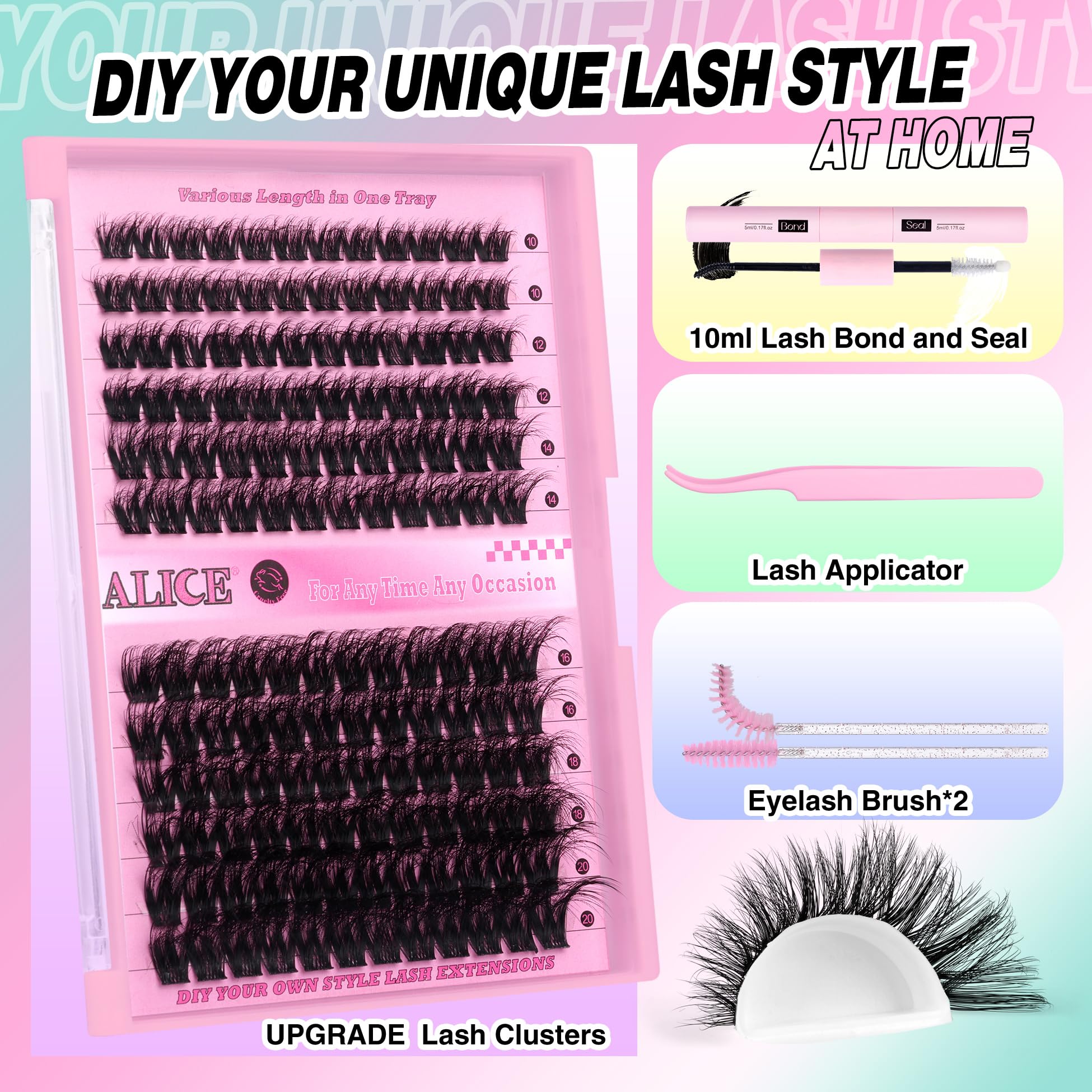Alice Lash Extension Kit Fluffy Volume Cluster Lashes Wispy 8-20Mm D Curl Individual Lashes Eyelash Clusters Kit Lash Glue Bond
