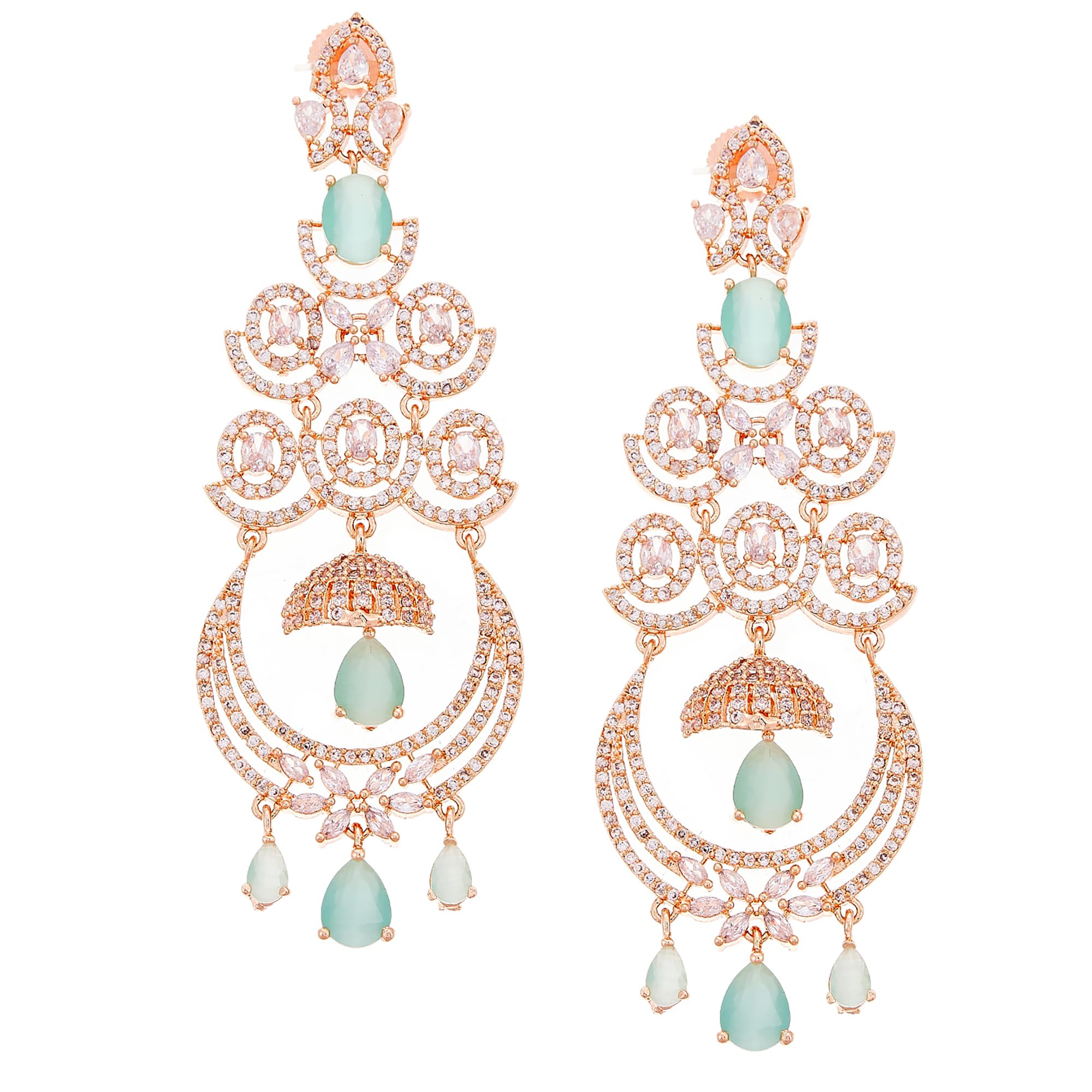 Zeneme Floral Shaped American Diamond Dangle Chandelier Earring For Women And Girls (Mint RoseGold)