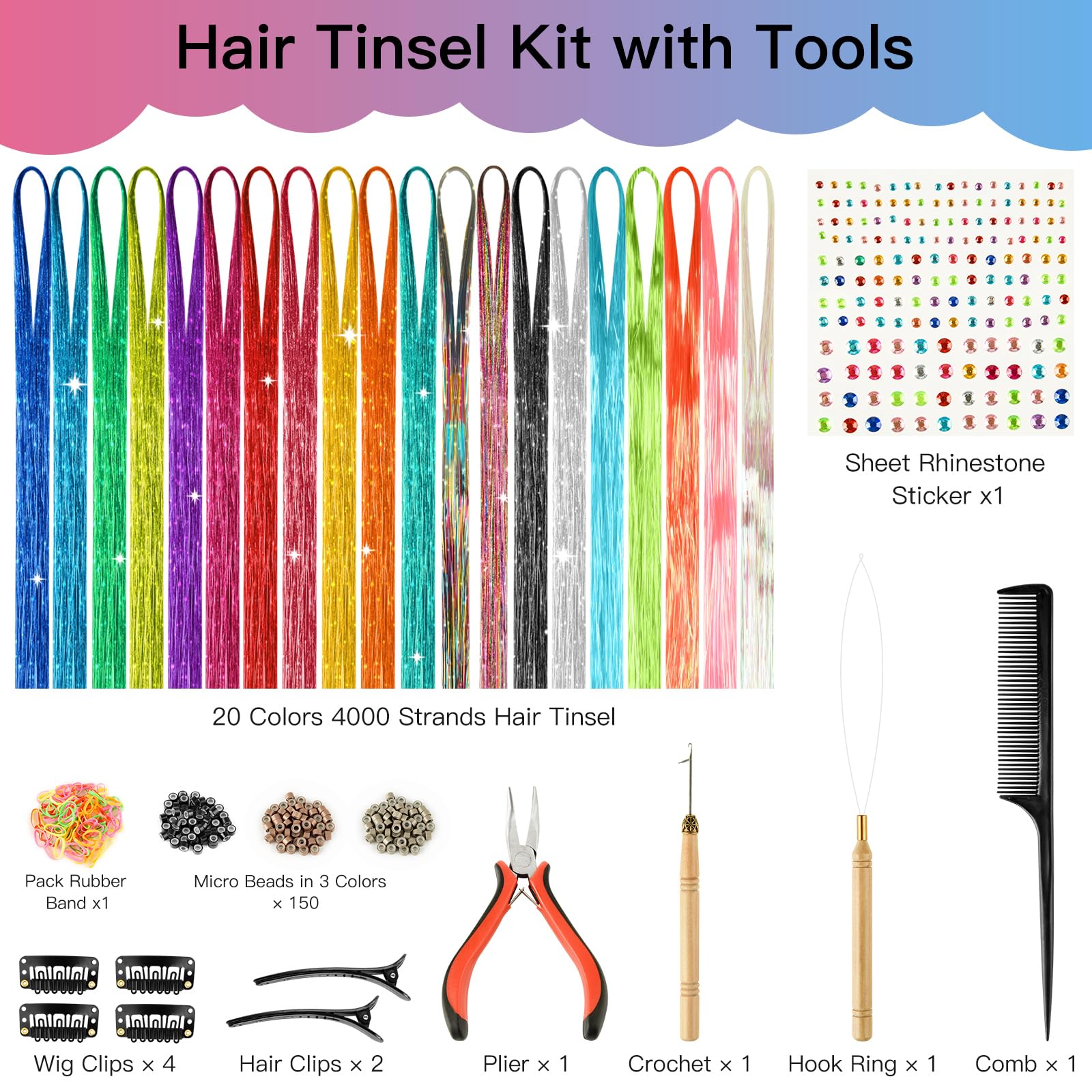 Plulon 20 Colors Hair Tinsel Kit With Tools 4000 Strands 47 Inches Tinsel Hair Extensions Glitter Fairy Hair Extensions Tinsel K