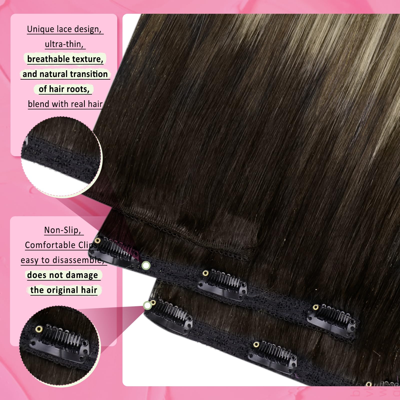 YoungSee Clip in Hair Extensions Human Hair Brown Balayage Hair Extensions Clip ins Chocolate Brown with Ash Blonde Balayage Sof
